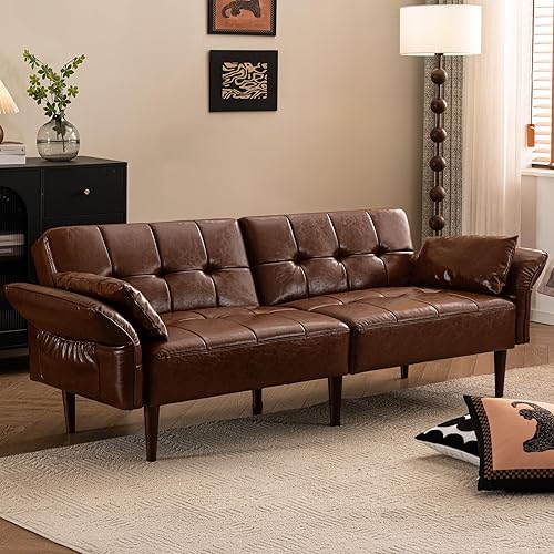 Futon Sofa Bed, Sleeper Sofa, Small Couch with Storage Adjustable Armrests Pillows, Faux Leather Loveseat, Mid Century Modern Couches for Living Room, Bedroom, Apartment, Red Brown
