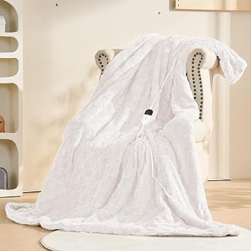 Electric Blanket Throw - Soft Checked Flannel with 6 Heating Levels, 4 Hours Auto-Off, Fast Heating, ETL & FCC Certified, 50x60, Overheating Protection, Cozy Heated Blanket Throw(White)