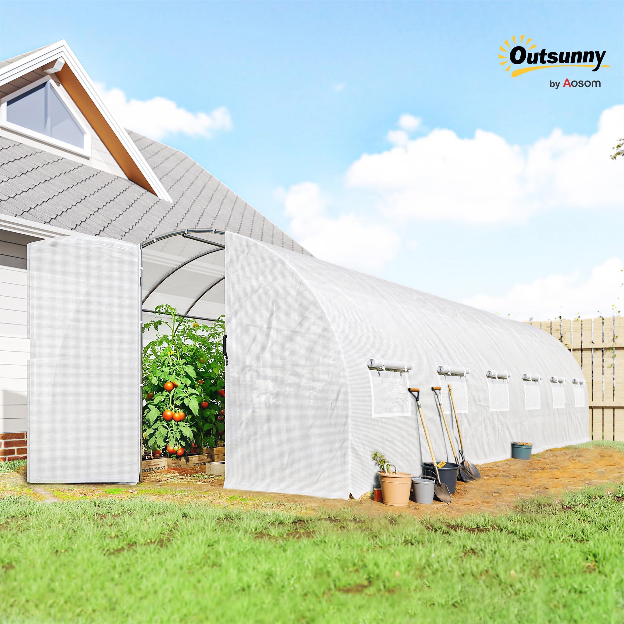 Outsunny Serra Tunnel 24m² con Porte in PE 295x798x199cm Bianco | Serra tunnel da giardino, 12 finestre con reti antizanzare, alta densità 140 g/m², prolungata 20 cm, per esterno