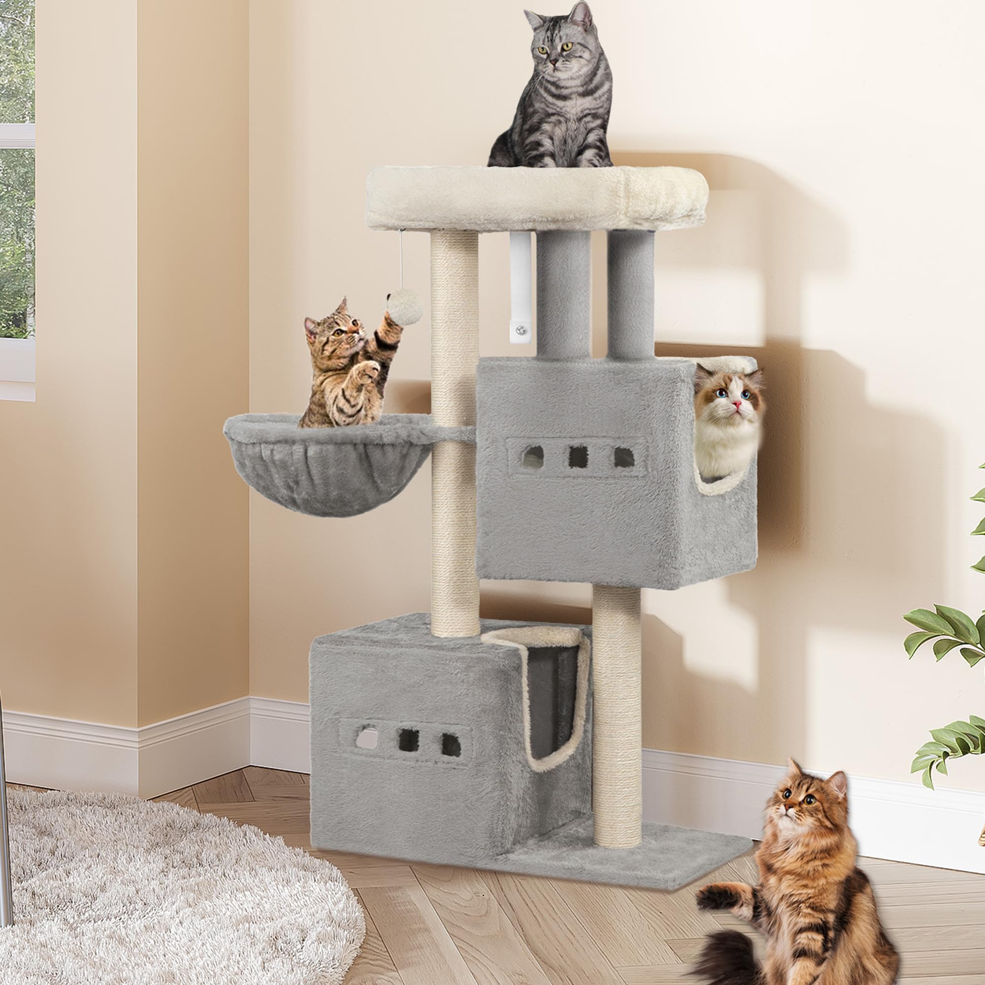 Hzuaneri Cat Tree, 98 cm Tower, Sisal Scratching Post, Cats Tower for Indoor, Multi-Level Stable Cat Tree with Cats House, 2 Caves, Pompoms, Light Grey MS10018LGV1
