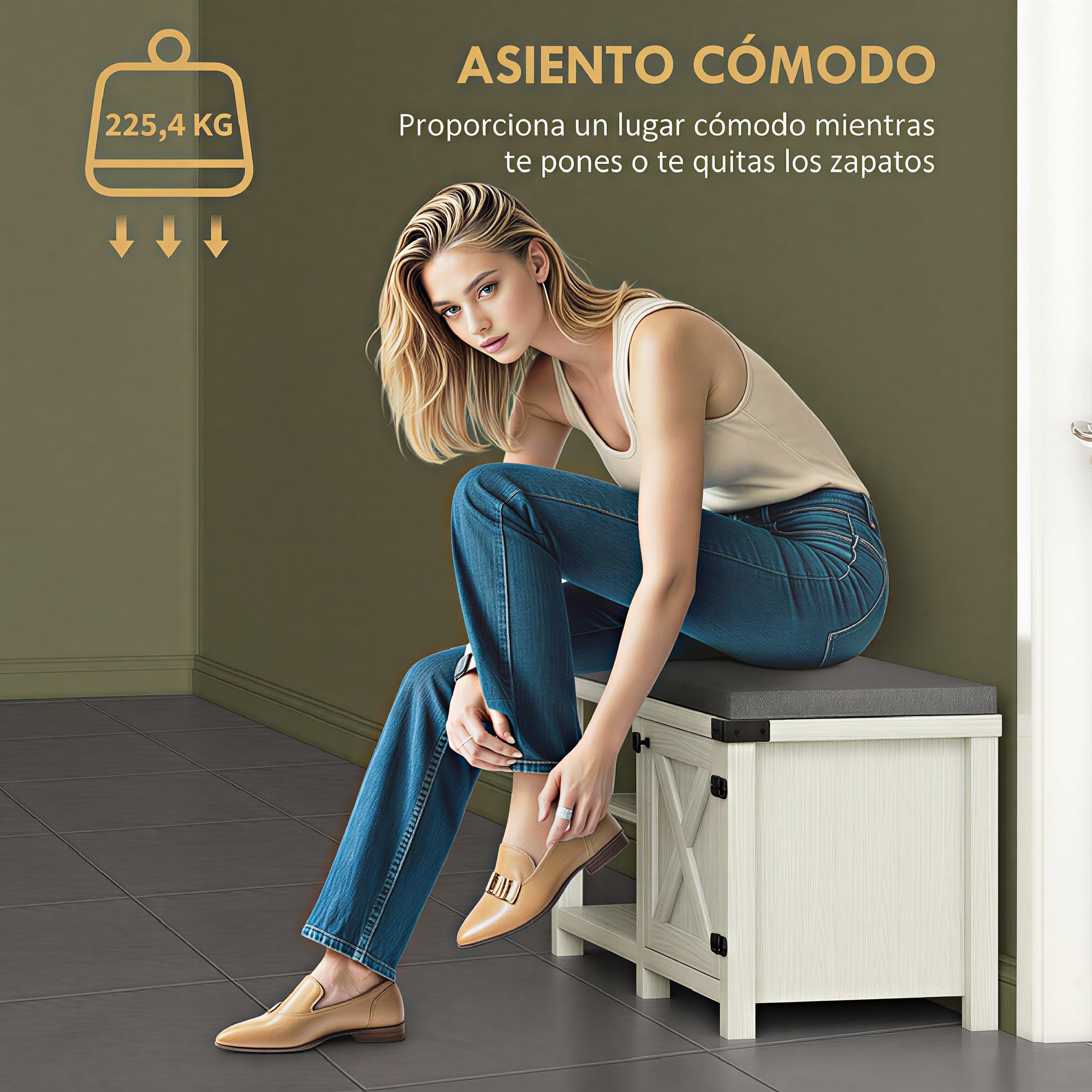 HOMCOM Banco Zapatero Rústico con Asiento Organizador de Zapatos con Compartimentos para 7 Pares Cojín para Entrada Salón Dormitorio 100x40x48 cm Blanco Grisáceo y Gris