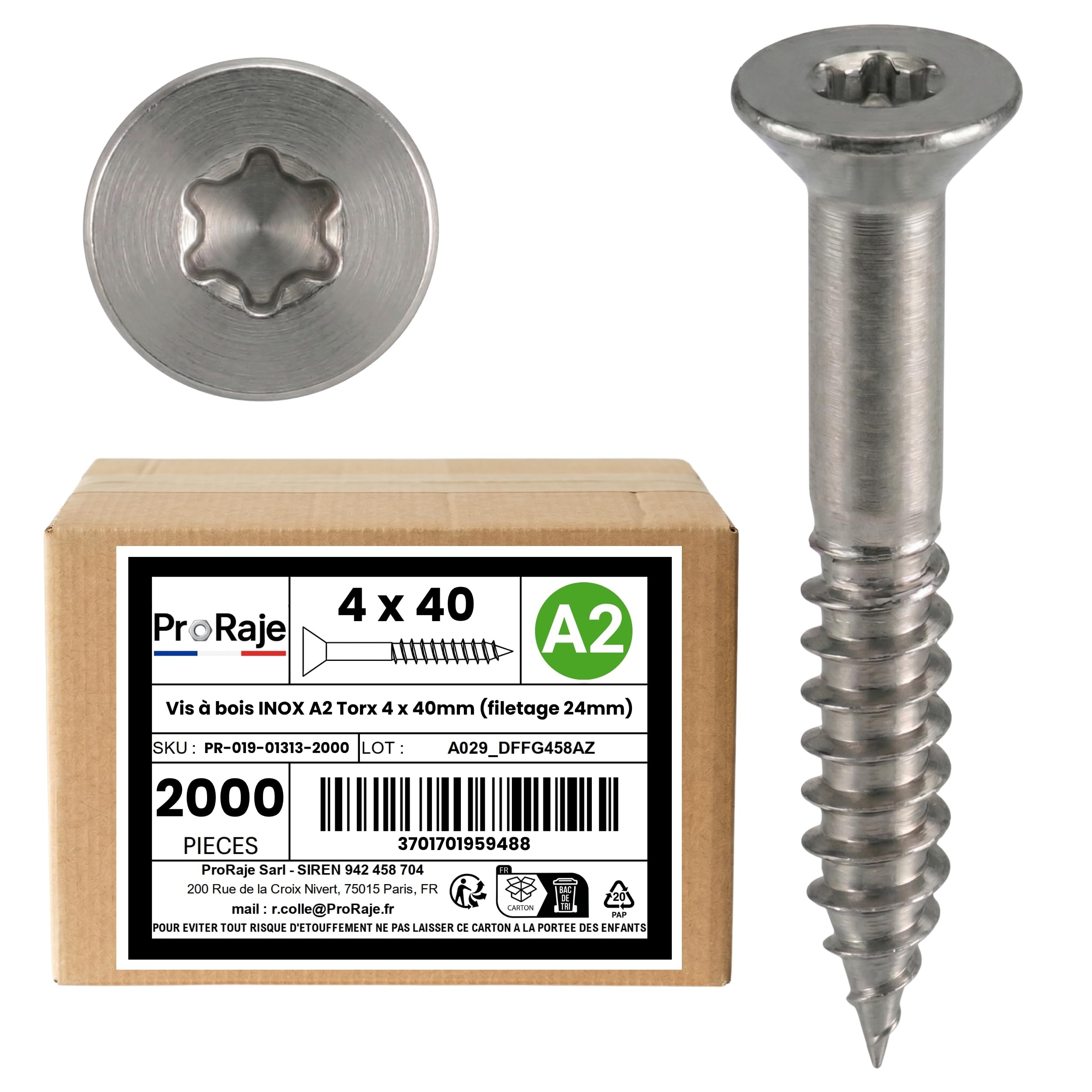 Wood Screws Stainless Steel A2: 4 x 40 mm (Thread 24 mm) | Countersunk Head Torx (TX) | Stainless Steel A2 (V2A / AISI 304) | Construction / Chipboard / Patio / etc: Pack of 2000 ProRaje