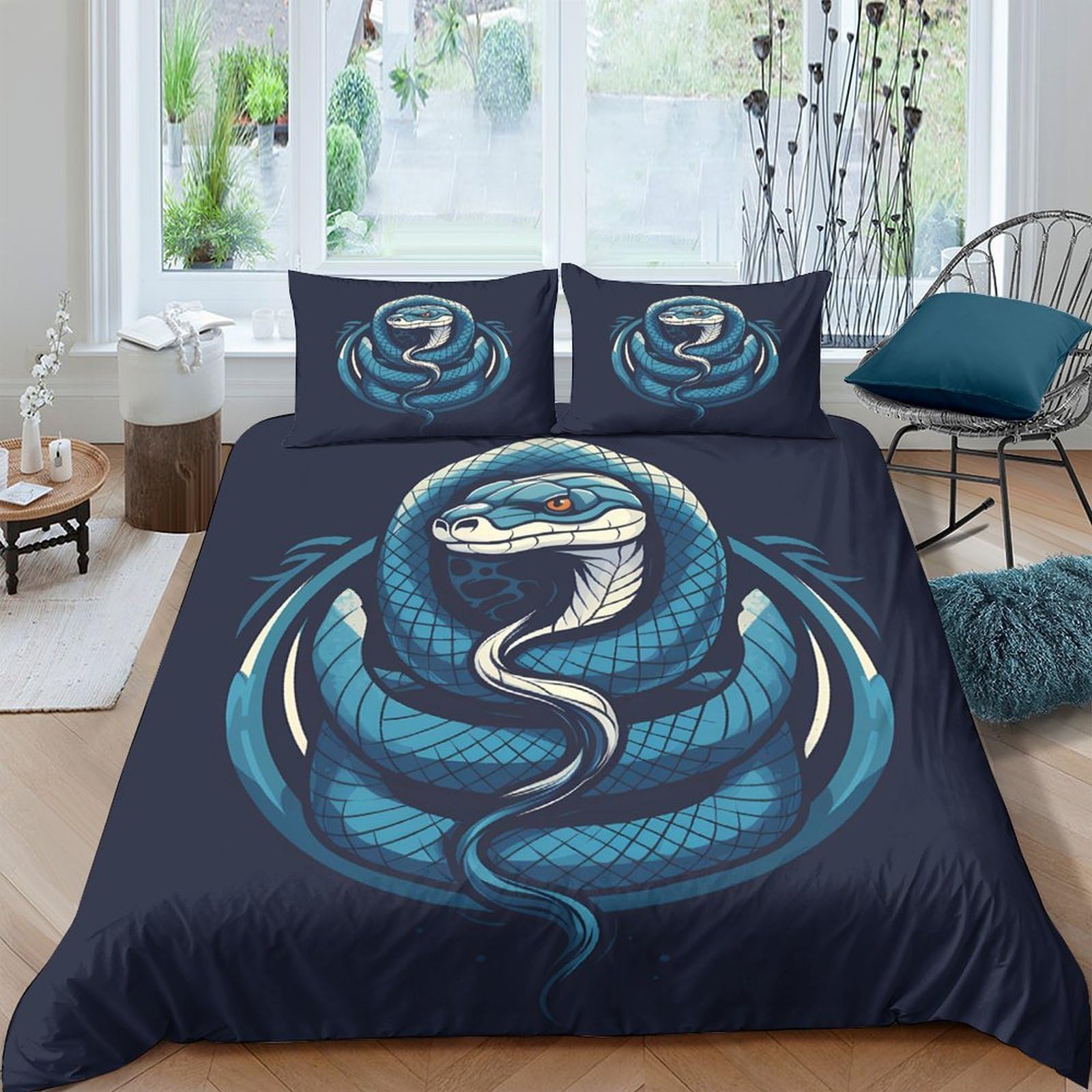 Ctjqhvkz Style-7 3D Printed Blue Snake Fitted Sheet Microfiber Soft Breathable Serpent Bed Cover For Bedroom Dorm Mattress Protection Decor Single（135X200cm）