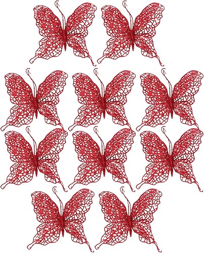 PRETYZOOM Decoraciones de mariposa con purpurina para árbol de Navidad, mariposa, adorno colgante de mariposa hueca con purpurina para árbol de Rojo