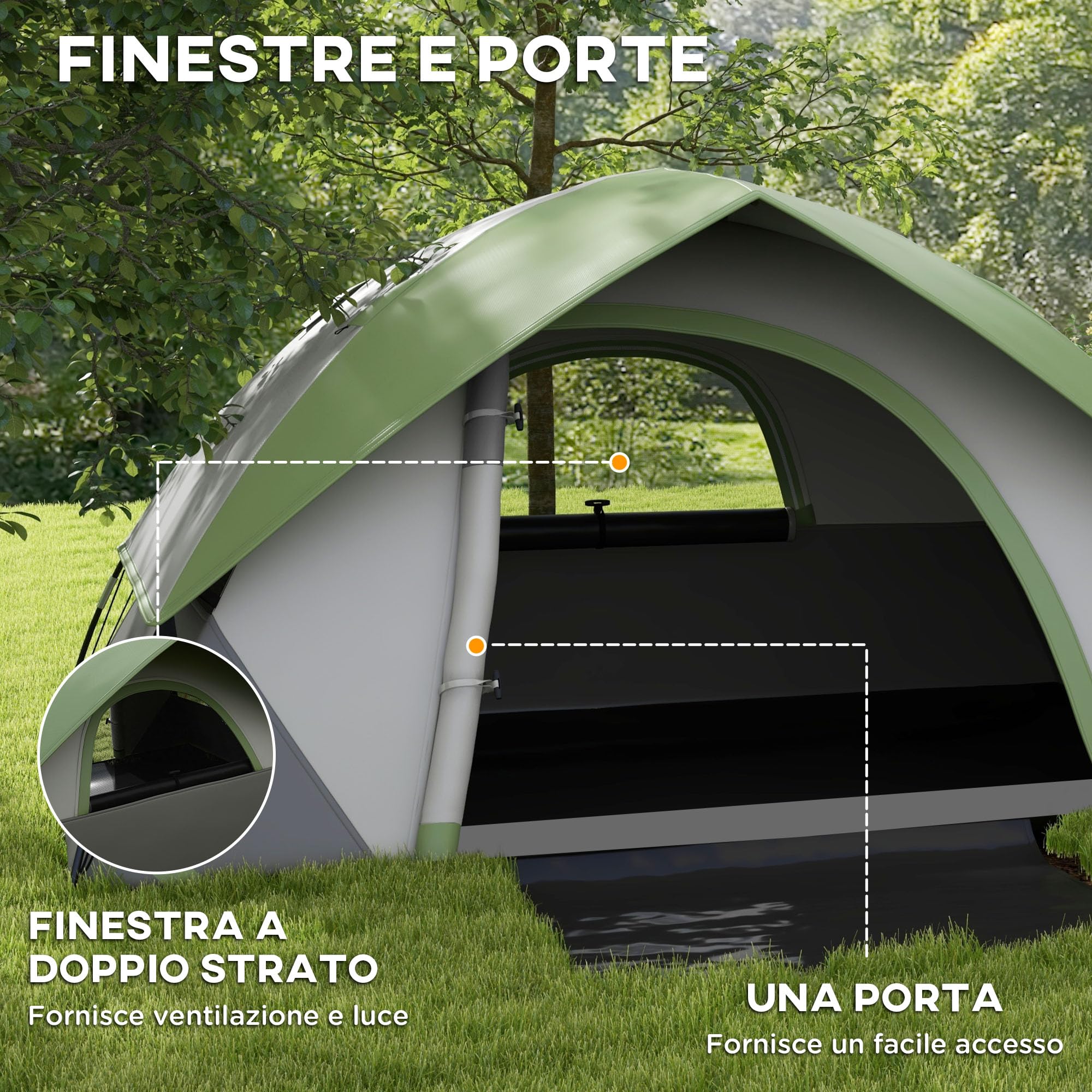 Outsunny Tenda 2 Posti con Finestra a Rete e Gancio per Lanterna, Tenda Campeggio Impermeabile 3000 mm con Borsa di Trasporto in Poliestere, 210x150x110 cm