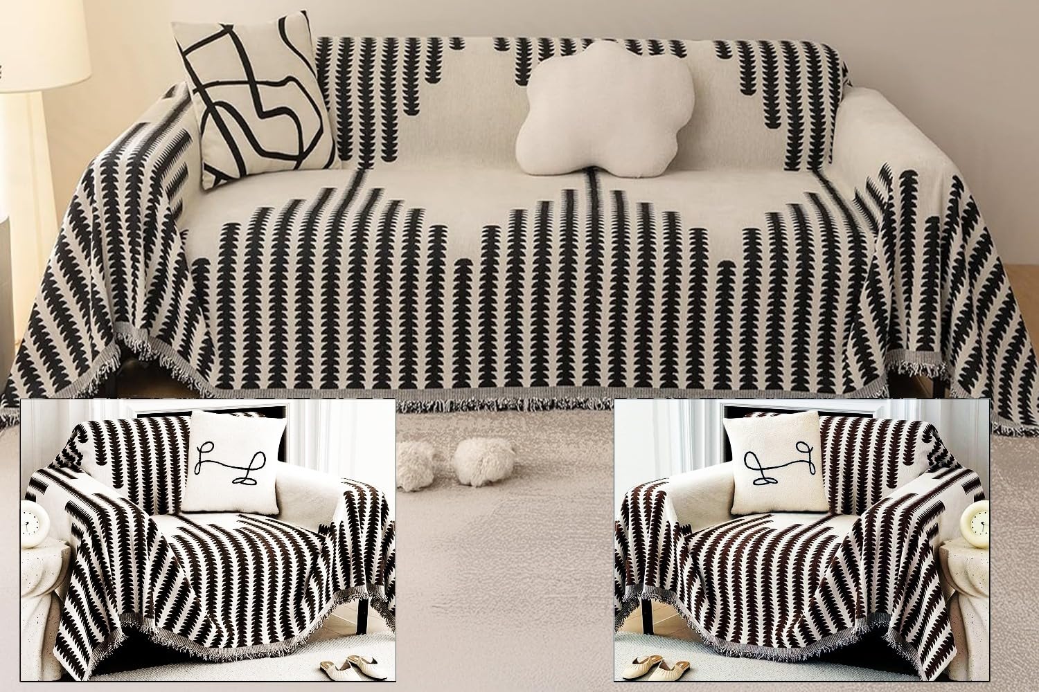 Black Chenille Sofa Cover - Reversible & Anti-Slip -10