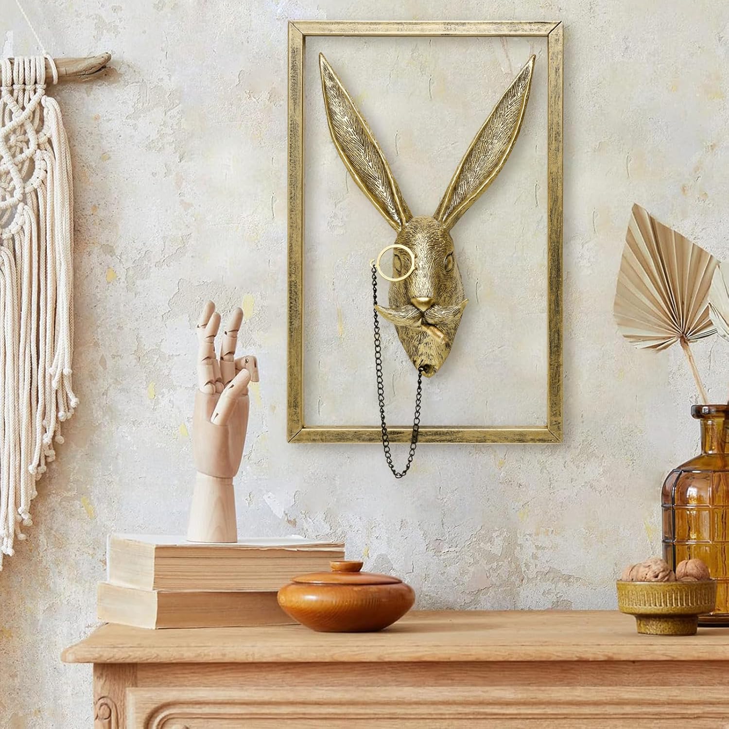 Newinhome Animal Heads Wall Decoration (Gift Metal Frame) Resin Bunny Sculptures Head Wall Hanging Easter Decorations, Gold vintage Wall Statue for Living Room Bedroom Office Decor (Rabbit)