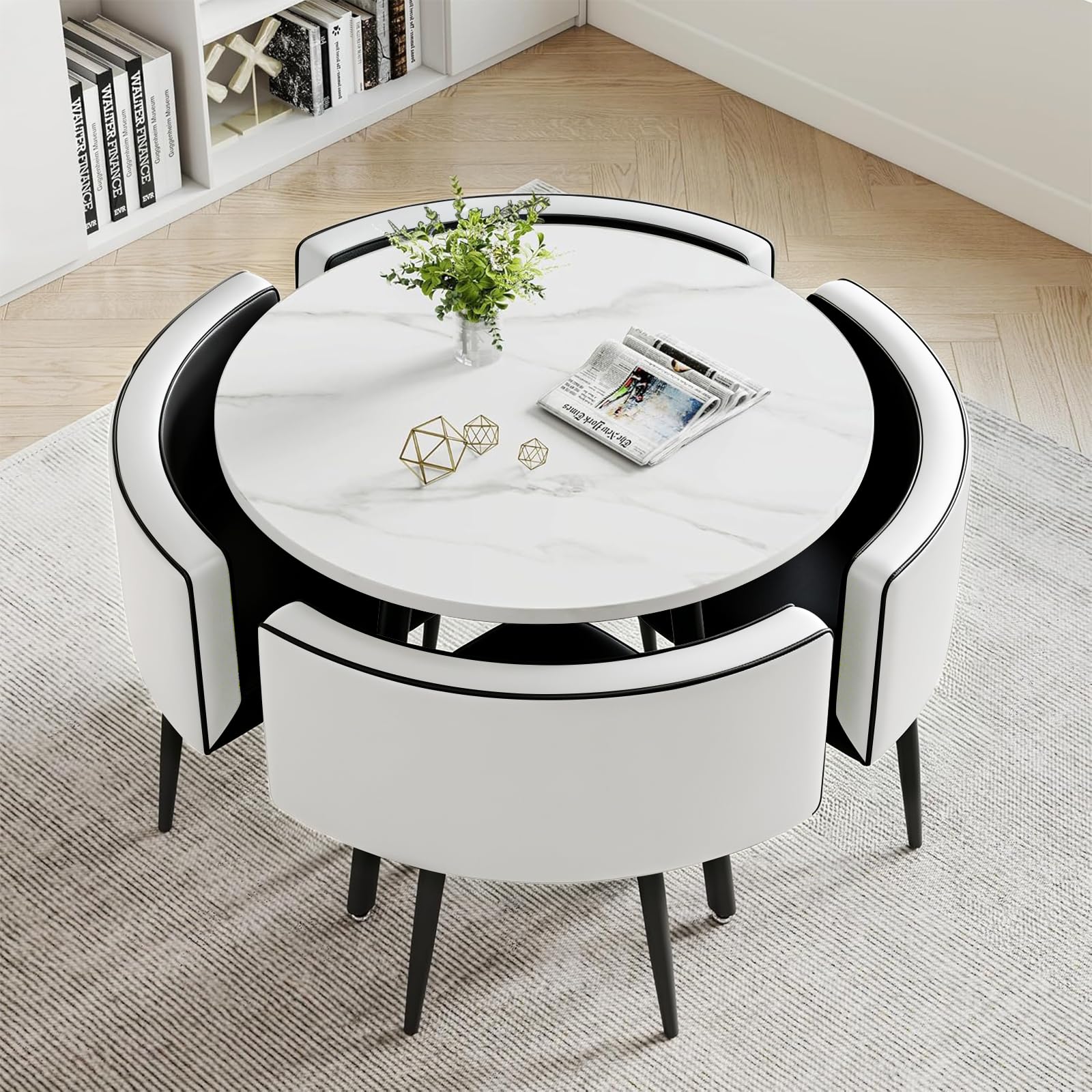 Runder Esstisch und Stühle für 4 Personen, MDF-Esstisch mit PU-Leder Gepolsterten Stühlen, Küchetisch Set Sitzgruppe für Küche für Küche, Wohnzimmer, Balkon, Restaurant, Büro (Rund Schwarz-Weiß)