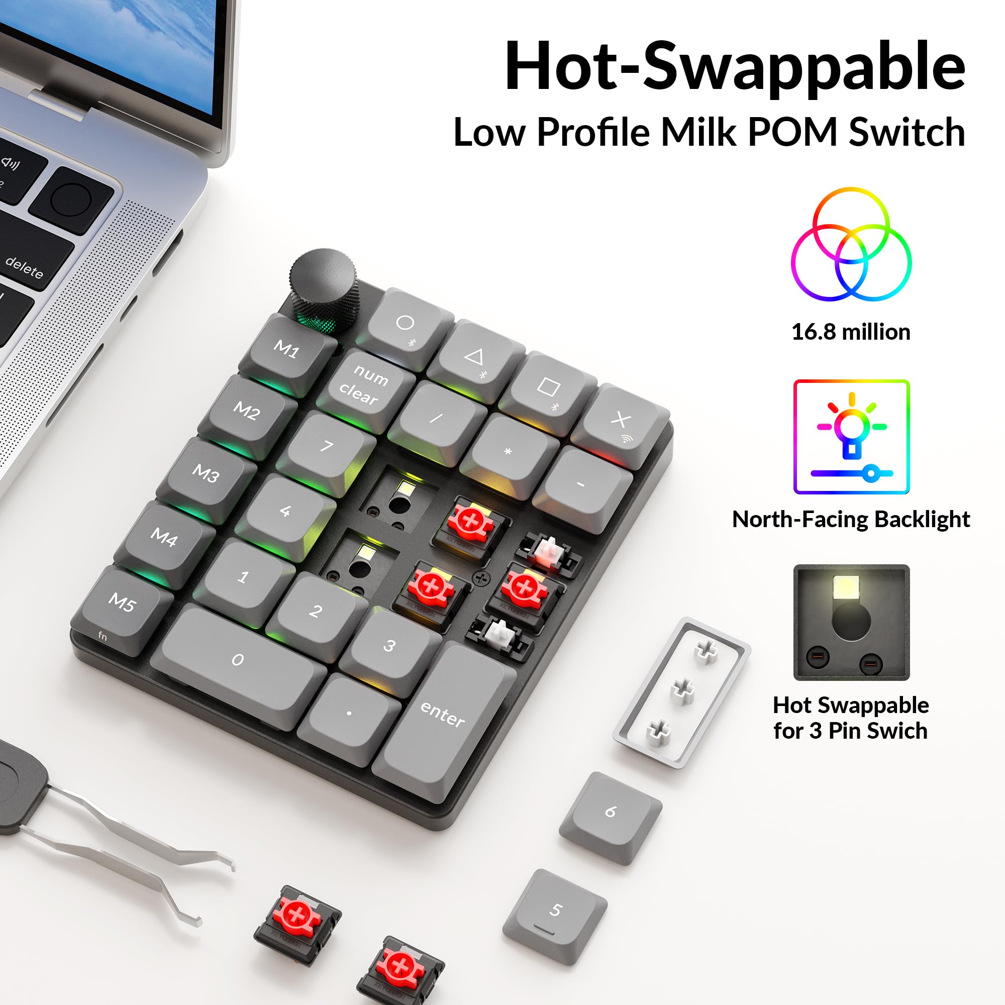 Keychron K0 Max Kabelloser Low-Profile-Nummernblock, QMK/VIA programmierbar, Hot-Swappable Red Switch, RGB-Hintergrundbeleuchtung, 2,4 GHz & Bluetooth 5.3, 1000 Hz Abfragerate, mit Drehknopf, für
