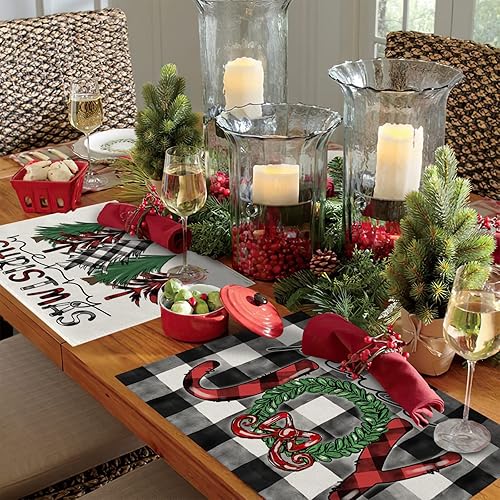 Miniatura 5 de Seliem Camino de mesa de árboles de Navidad a cuadros, diseño de copos de nieve en acuarela de Navidad, decoración de cocina para el hogar,