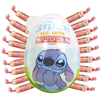 Disney Stitch Jumbo Easter Egg, 18 Smarties Candy Rolls Inside, Basket Stuffer Gift, 2.86 Ounce
