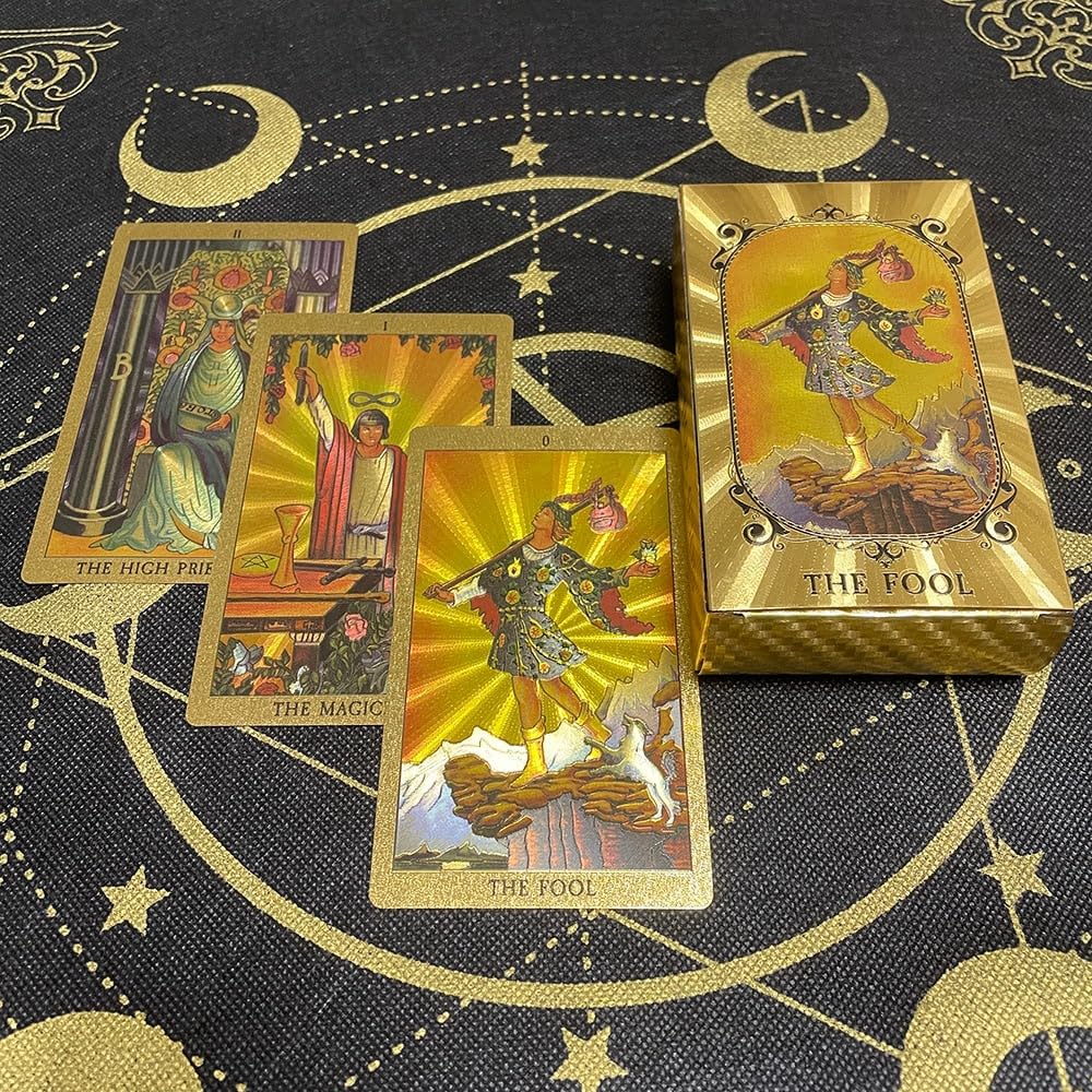 Tarot Cards 78 Pcs Gold foil Deck, Luxury Tarot Card Deck Splendid Classic Tarot Deck with Guidebook, Durable Waterproof Gold Foil Tarot Decks for Beginners (Style 21)