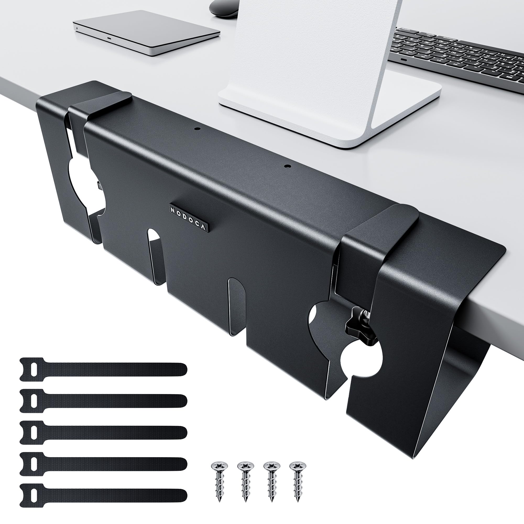 NODOCA No Drill Under Desk Cable Management Tray, 17'' Wire Management, Punch-Free Clamp on, Metal Cable Tray, Wire Organizer Under Desk, Under Desk Basket for Office and Home, Black