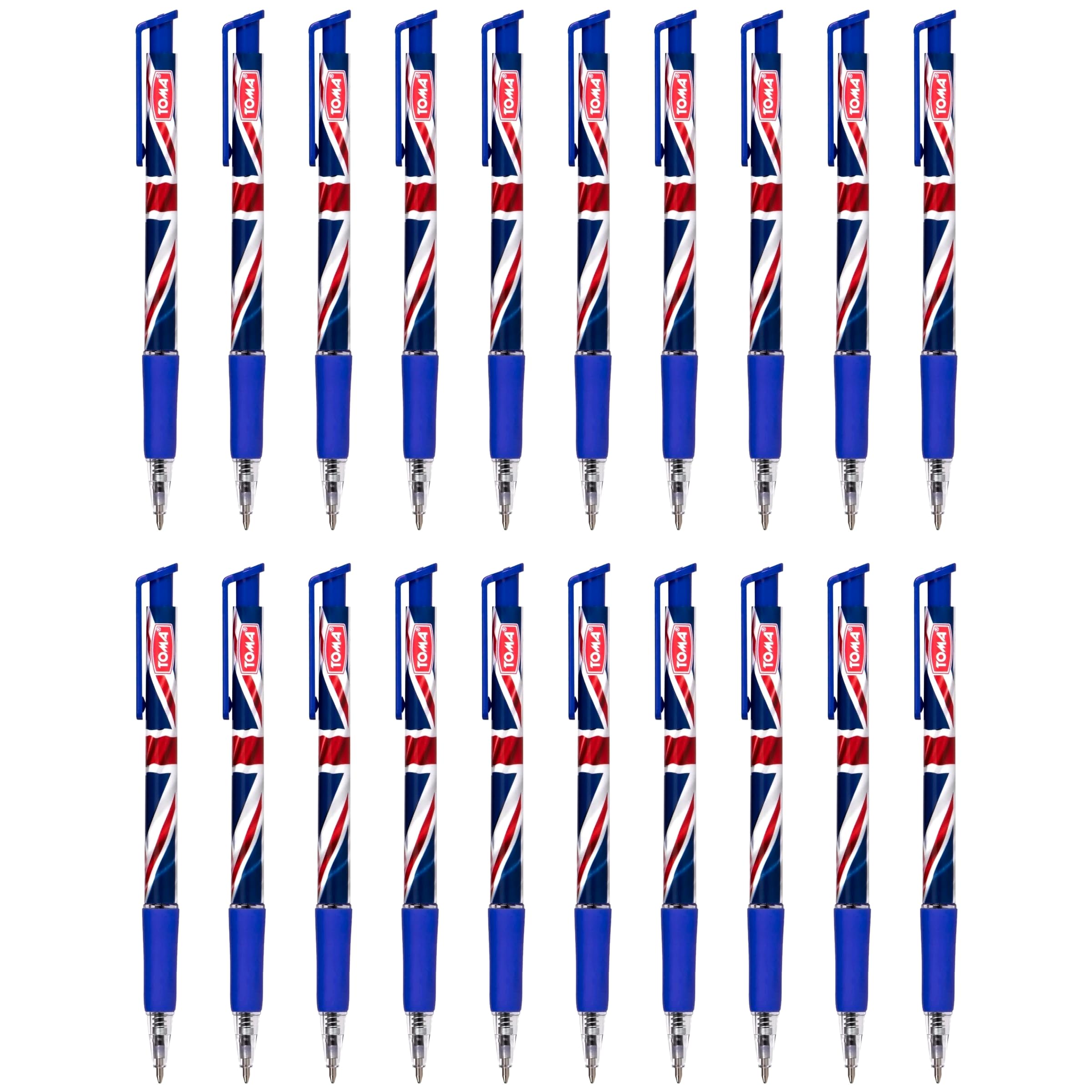 Ballpoint Pens with the United Kingdom Flag/Union Jack Motive, Pack of 20, Blue Ink, Retractable Smudge Free Pens, 0.5 mm Point Size, Ideal for School, Office, Everyday Use, Writing, Sketching