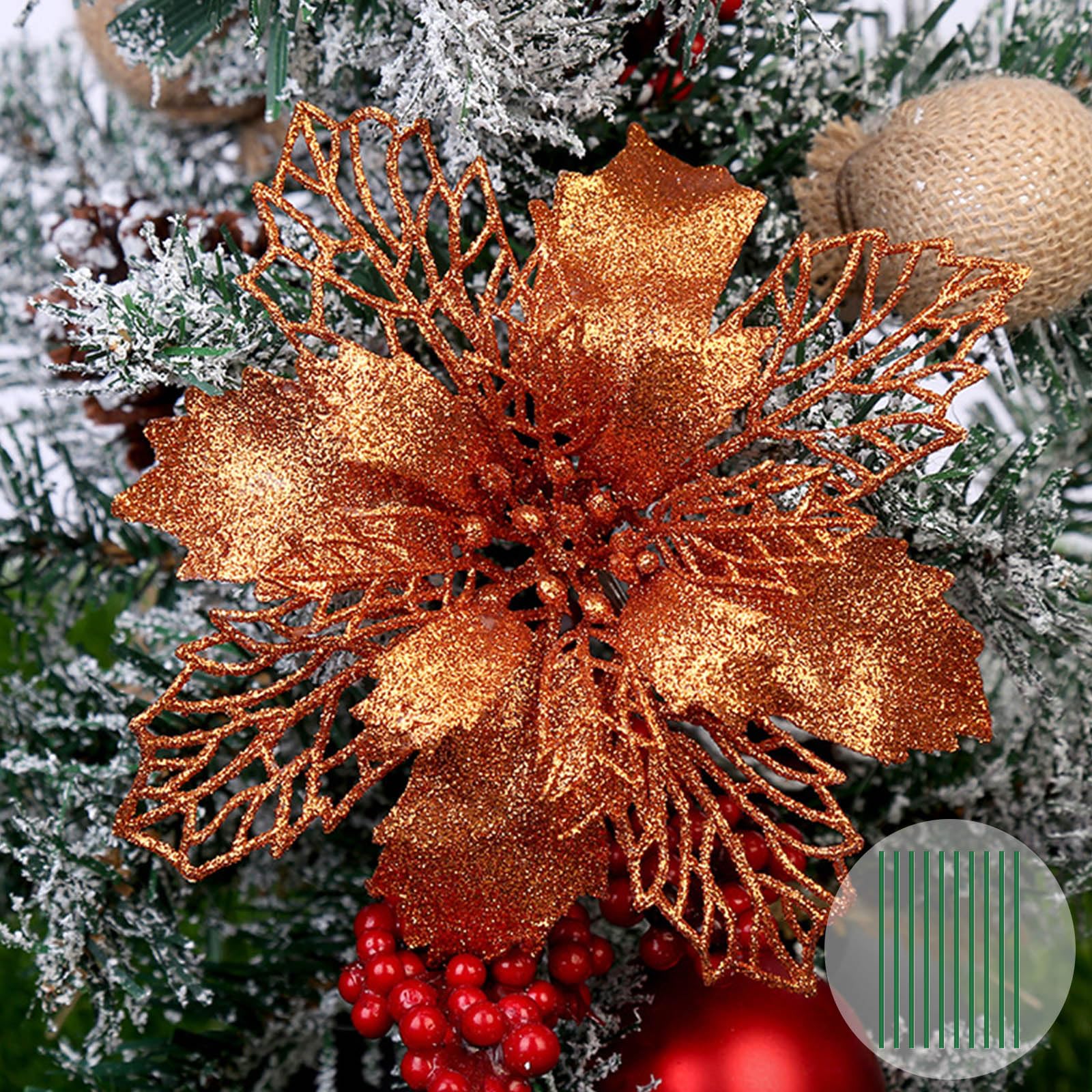 Yueshop 10 PCS Christmas Flowers Large (15CM) Poinsettia Glitter Flower Christmas Tree Hanging Party Xmas Decor (Bronze) - Image 2