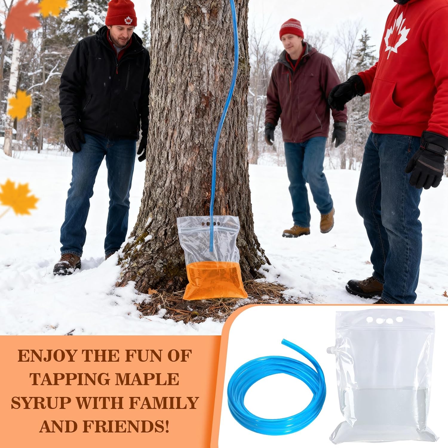 15PCS Maple Syrup Tapping Kit with 5 Stainless Steel Maple Taps,16.4 ft Tubing,5PCS 5L Transparent Bags,2PCS 1QT Filters,Cleaning Brush and Drill Bit,Maple Sap Collection Supplies