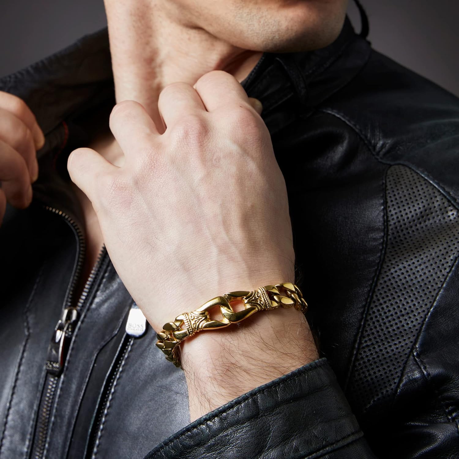 ステンレス鋼 メンズ リンクブレスレット シルバーブラック 9インチ