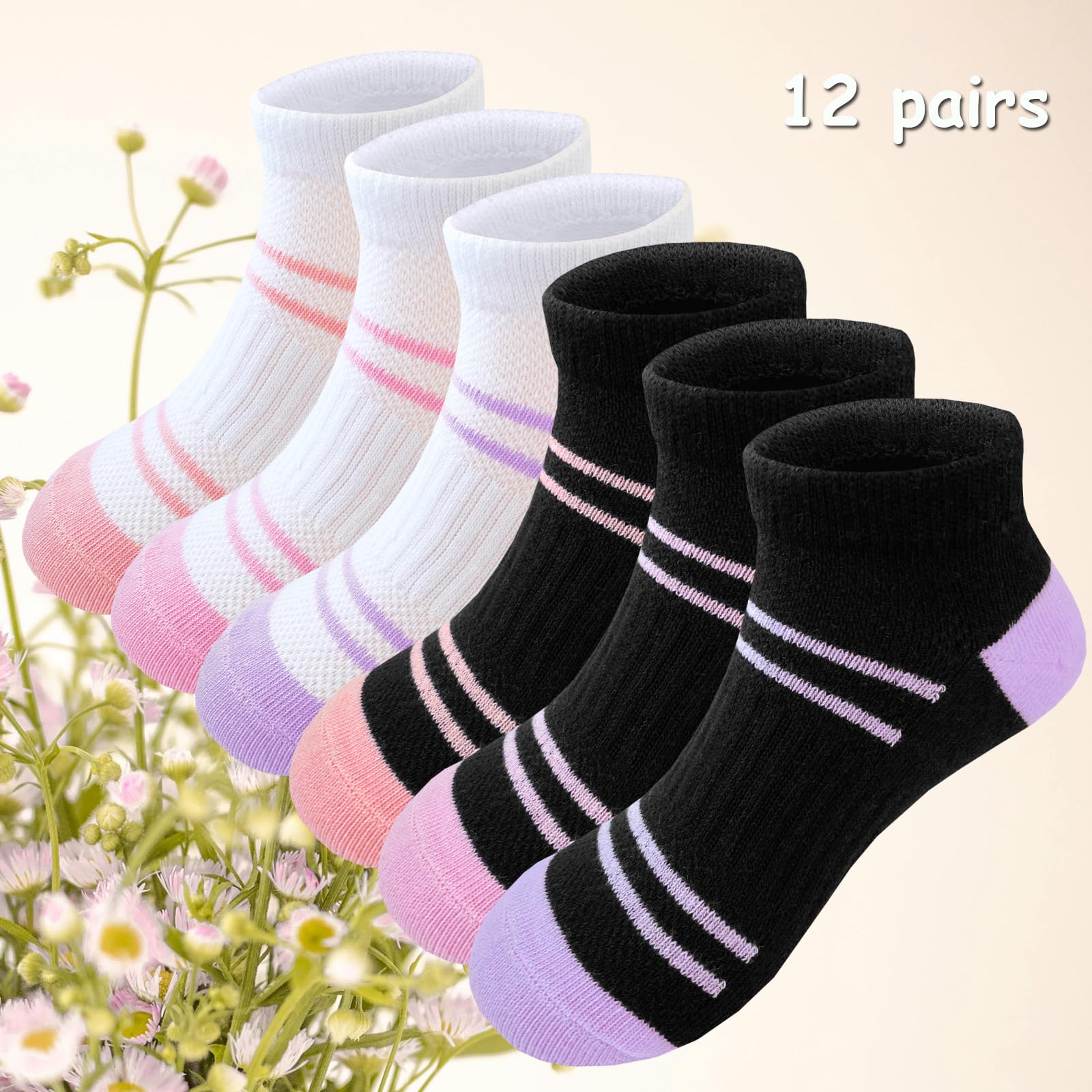 Bemeol Calcetines de tobillo para niñas, 12 pares de calcetines deportivos de algodón de corte bajo