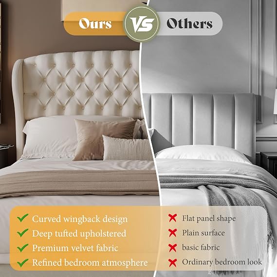 AMERLIFE Full/Queen Headboard Only, Velvet Curved Wingback, White