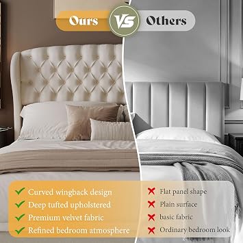 AMERLIFE Full/Queen Headboard Only, Velvet Curved Wingback, White