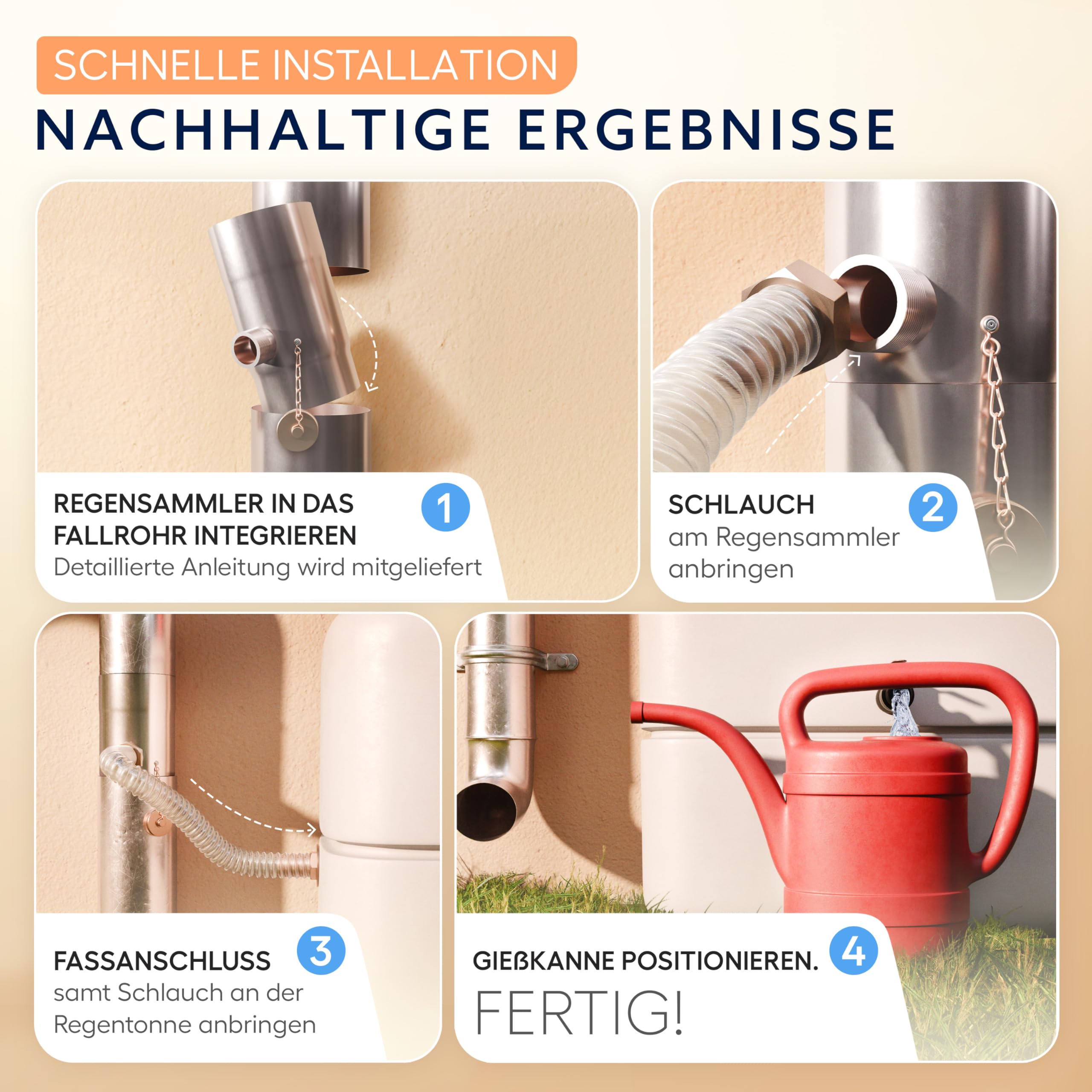 Regenwassersammler mit Sieb für Fallrohre 100mm | Langer 0,5m Schlauch | erhöhter Ertrag | Edelstahl | Fassanschluss | Fallrohr Regensammler | Regensammler für Fallrohr 100 Regentonne - Drei Eichen