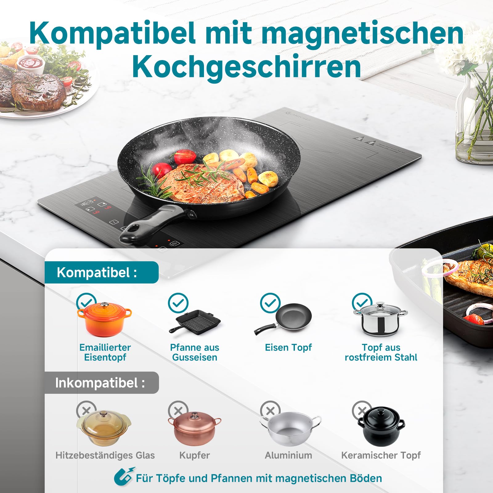 AMZCHEF Induktionskochfeld 2 Platten, Flexzonen, 3300W, Sicherheitsschloss, Timer, Berührungssteuerung (Grau)