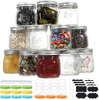 Wide Mouth Mason Jars 16 oz, 12 PACK Glass Canning Jars with Metal Airtight Lids and Bands, Extra Leak-Proof Colored Lids,...