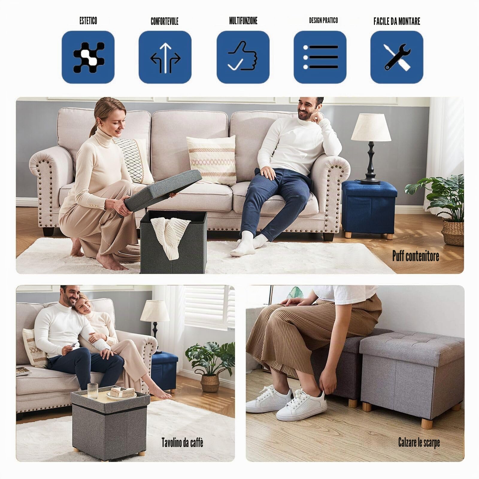 BRIAN & DANY Pouf Cubo Poggiapiedi Sgabello Contenitore Cassapanca Pieghevole 38 x 38 x 40 cm, Grigio
