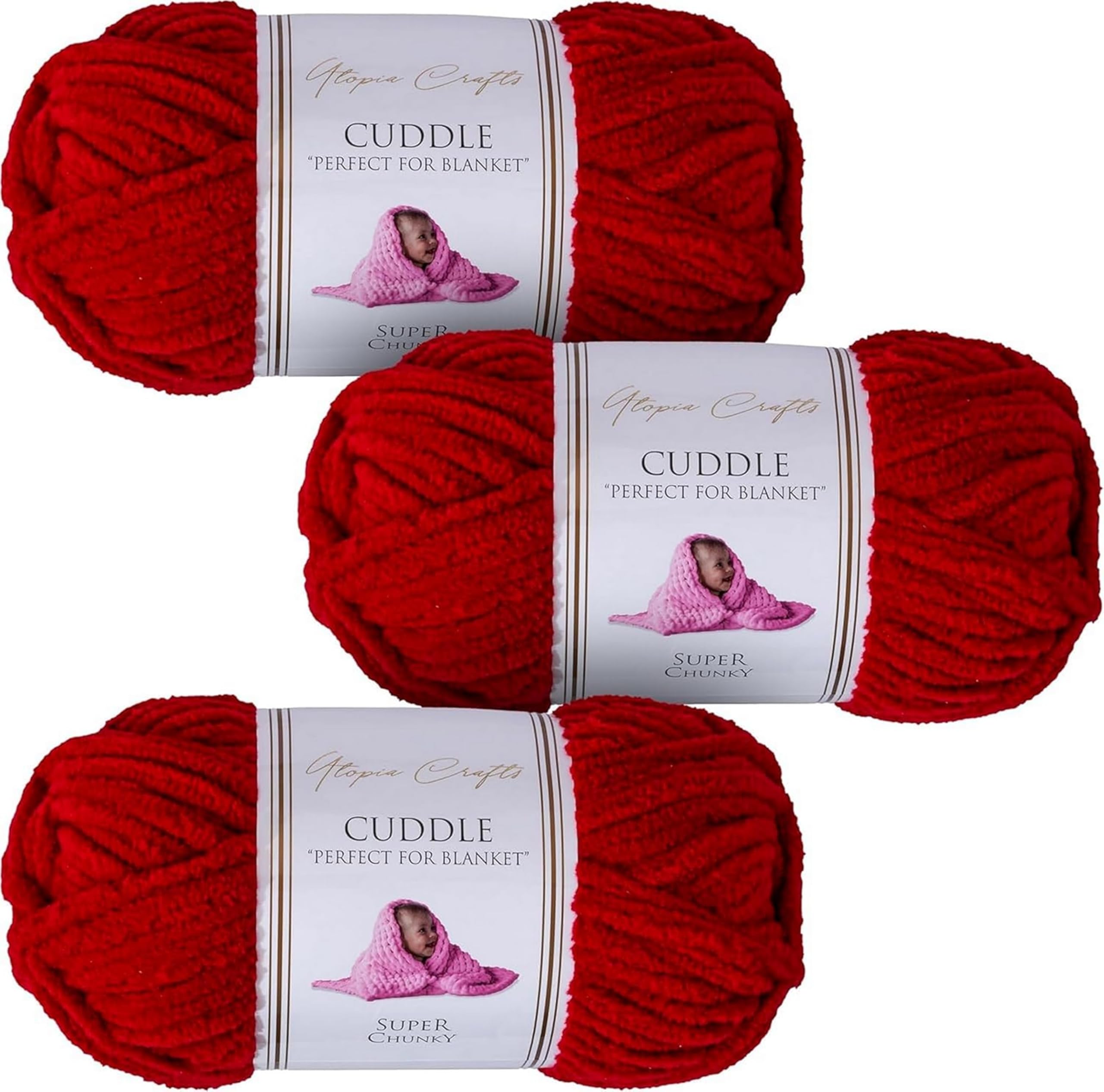 Utopia Crafts Cuddle Super Chunky Chenille Soft Yarn 3X 100g (Cherry)
