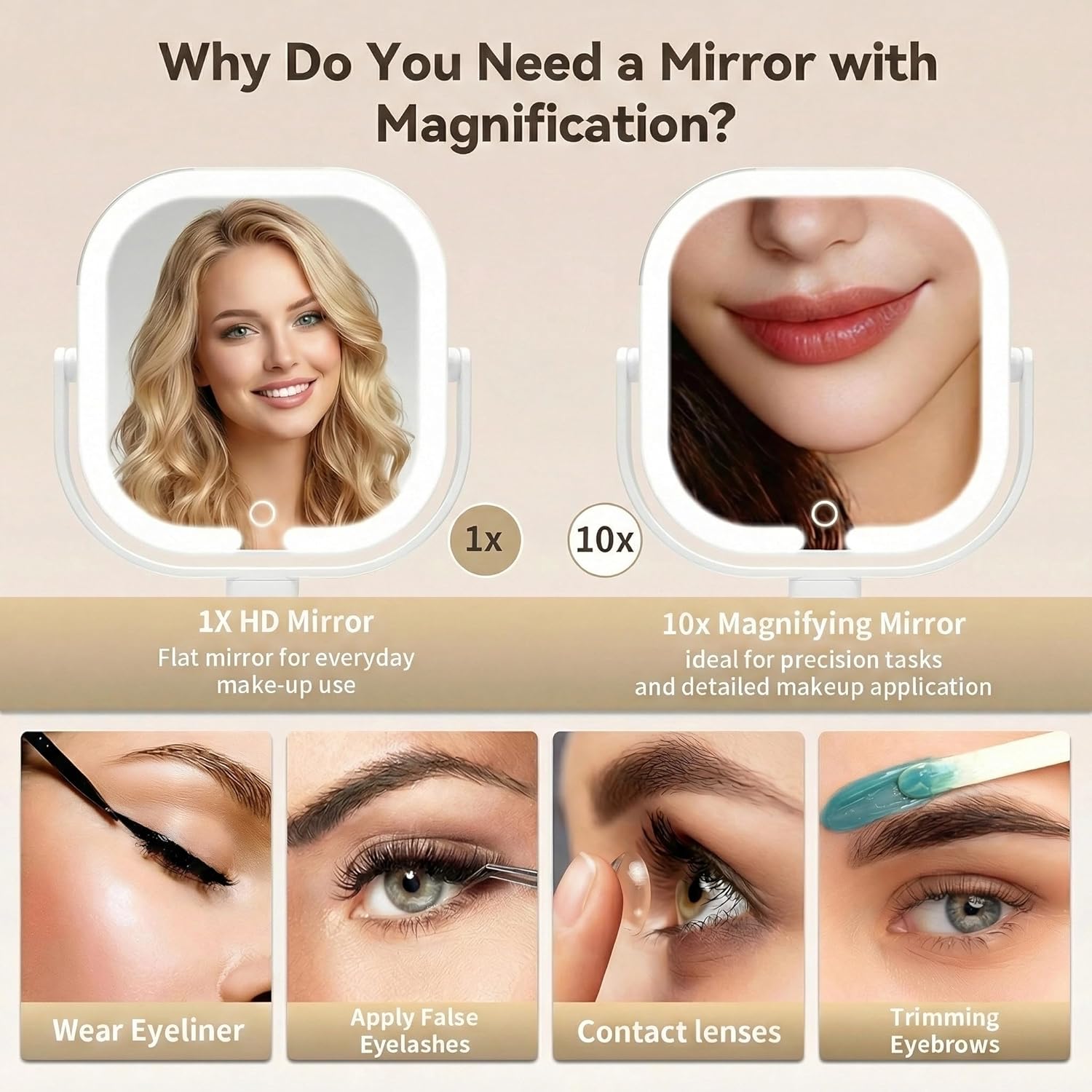 Makeup Mirror with Lights, 1X/10X Magnifying Mirror with Light, Rechargeable Lighted Makeup Mirror with Magnification, 3-Color Lighting, Height Adjustable 360° Rotation Desk Mirror, Gift for Women