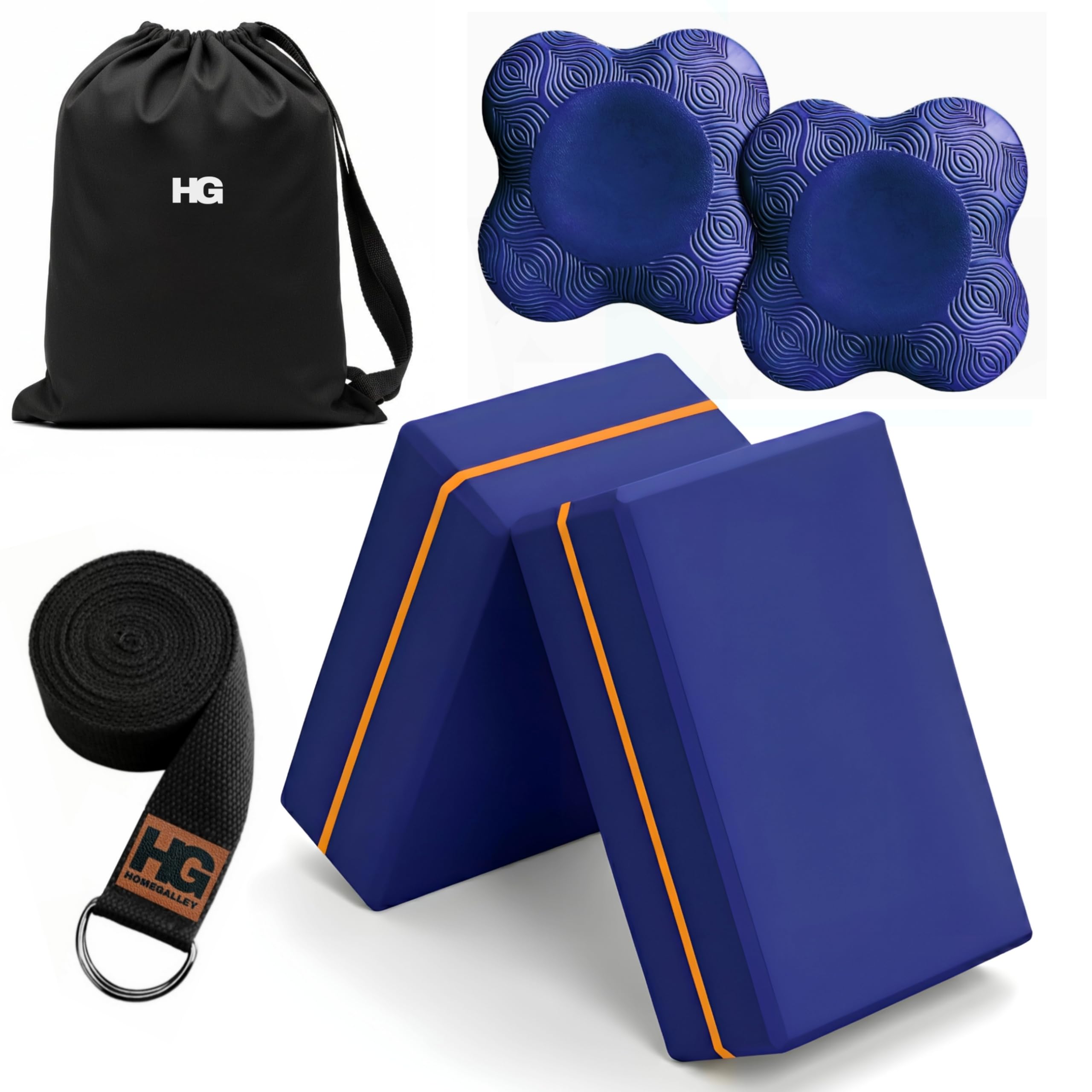 Yoga Blocks Pack of 2 with Belt and 2 Knee Pad for Exercise, Yoga, Pilates & Gym Block Pair to Improve Strength, Balance, Stretching Yoga Bricks Set with Strap for Women and Men, Navy Blue