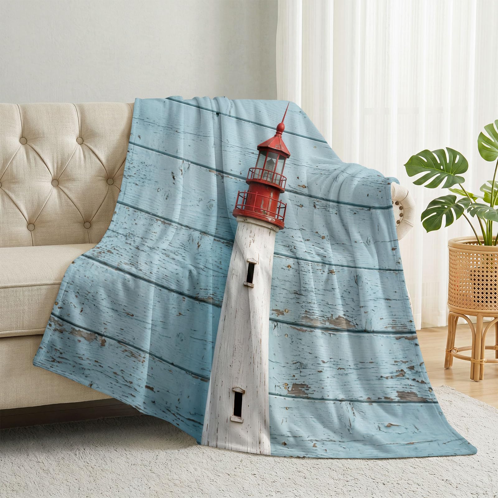 Manta de franela moderna, minimalista, mullida, suave y cálida, con diseño de faro, con tablas de madera, manta impresa para sofá o sofá, para adolescentes y adultos, 180 x 220 cm