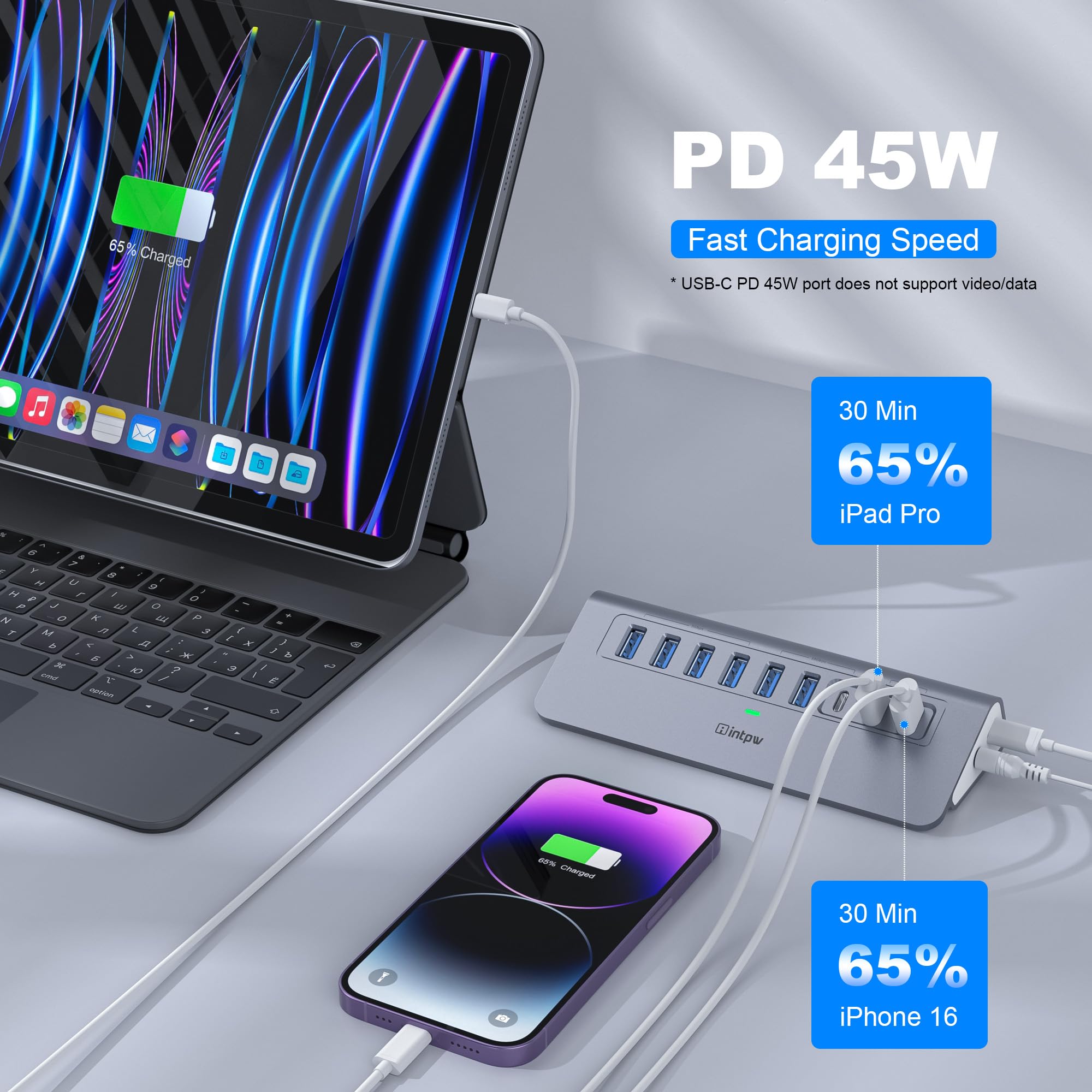 intpw Hub USB alimentato da 10 Gbps, hub USB 3.2 a 9 porte, hub USB C con 3 USB 3.2, 4 USB 3.0, 2 porte di ricarica PD da 45 W, adattatore di alimentazione da 65 W e cavo da 3,3 m, hub USB in