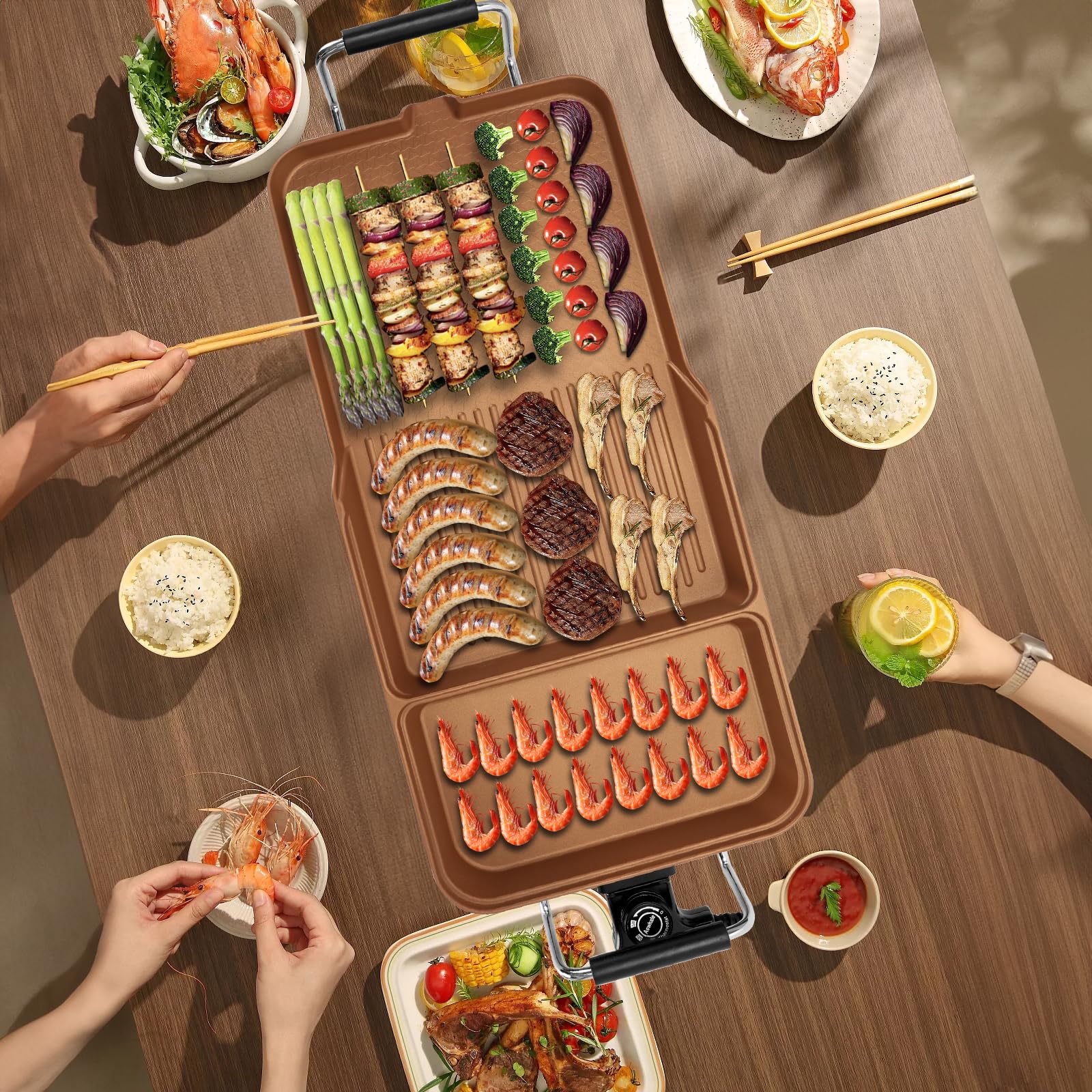 AEWHALE Plancha Électrique 3 en 1, 2000 W, Barbecue Electrique Doré | Convient à une Utilisation en Intérieur et en Extérieur, pour 6 Personnes, Facile à Nettoyer