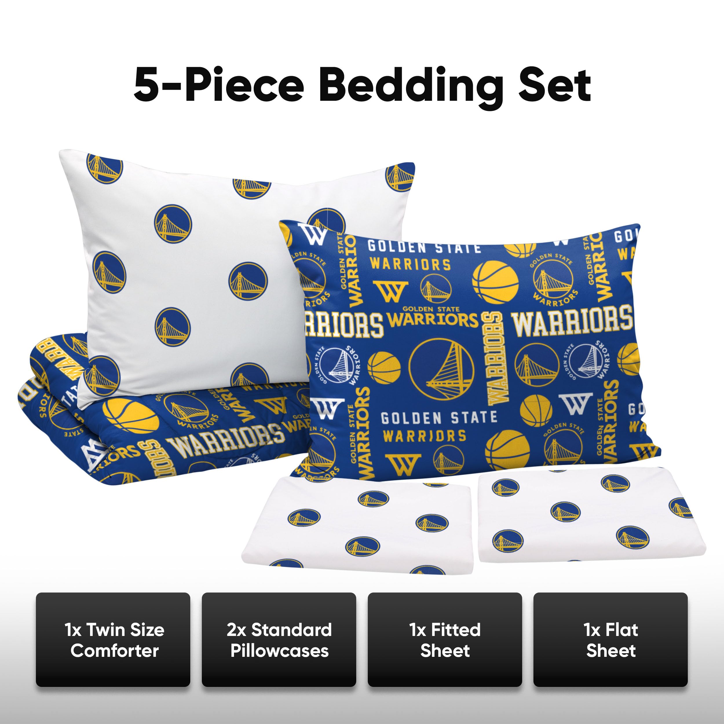 FOCO Golden State Warriors NBA Team Color Bett in Einer Tasche, 5-teiliges Set, Doppelbett