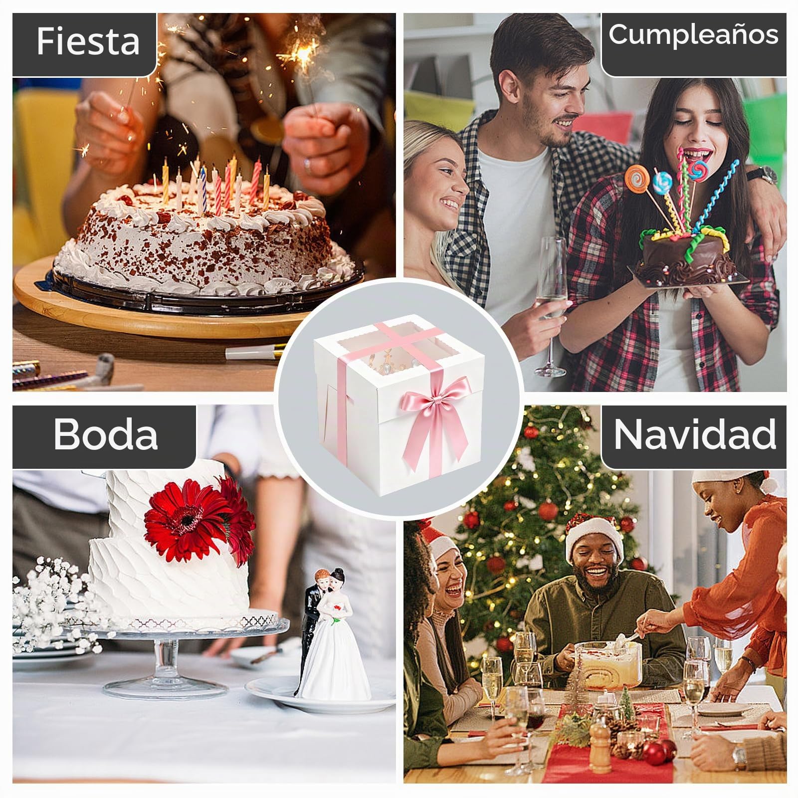 10Piezas Cajas para Tartas de Carton 20x20x20cm Cajas con Ventana | Caja Blanca Tarta Recipiente para Tartas,10Bandeja para tartas,10Acetato Transparente,10Tarjeta Felicitacion,1Cinta de Raso