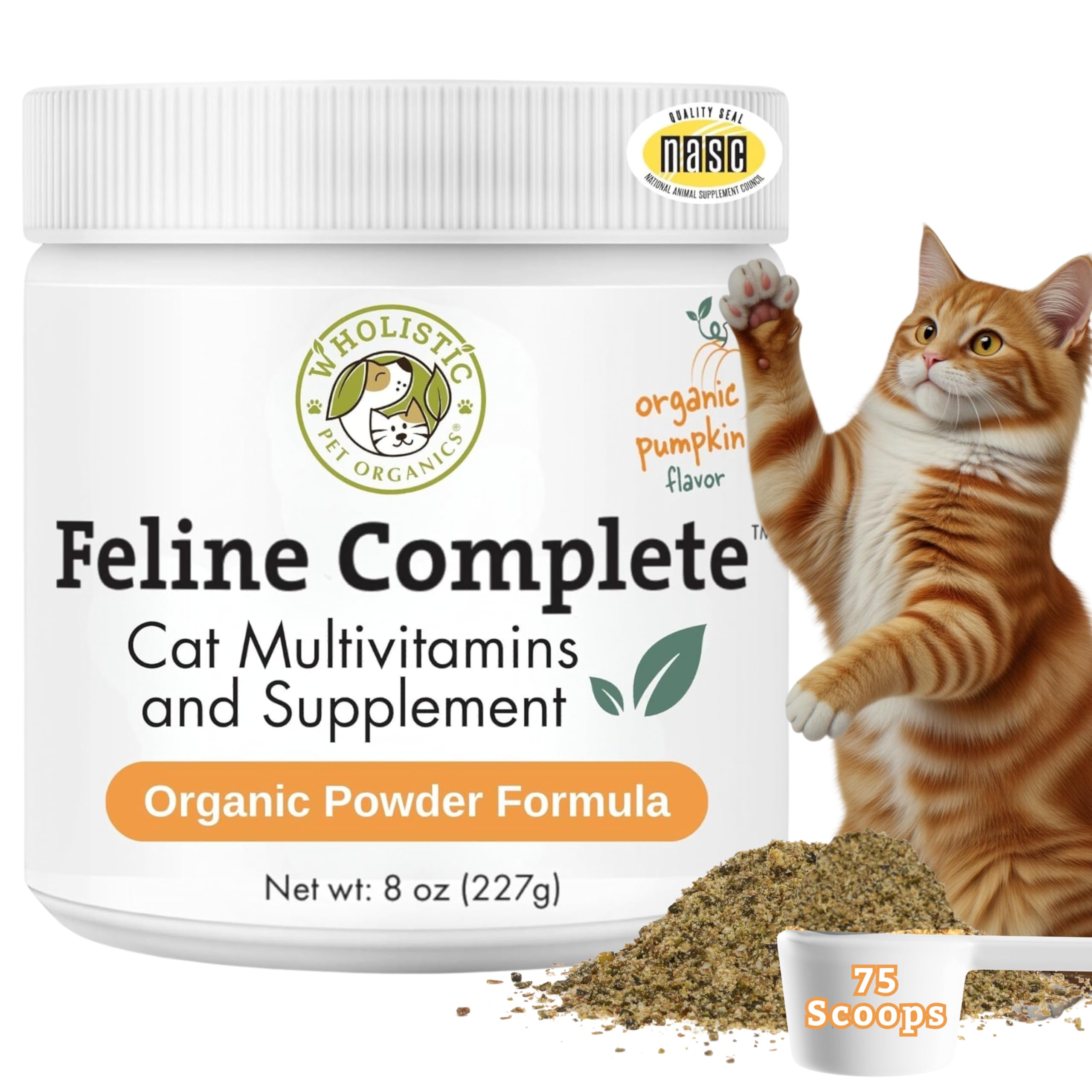 Feline Complete Organic Pumpkin - 8 Oz - Multivitamin & Probiotic Powder for Cats - Natural Cat Food & Digestive Support - 75 Scoops