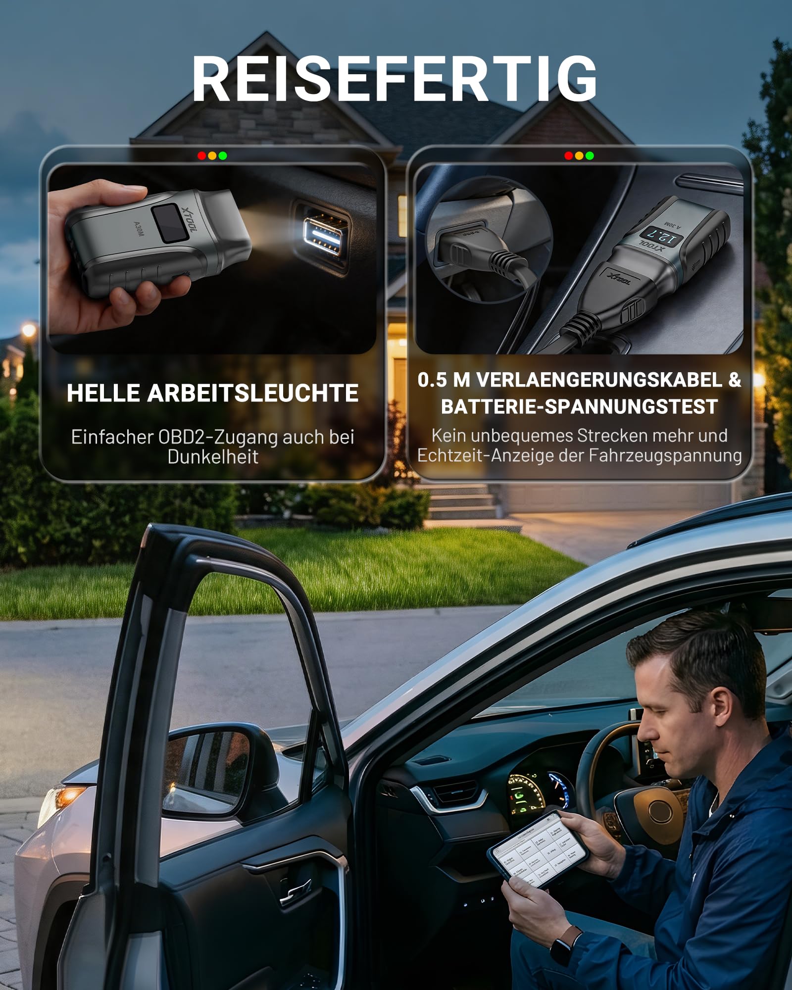 XTOOL A30M OBD2 Diagnosegerät Set, Bidirektionales Kabelloses Diagnosegerät Auto, Vollsystem, KI-Unterstützung, 26+ Resets, Öl ABS BMS DPF, 8-PID Live-Daten für iOS/Android, Lebenslange Update, CAN FD