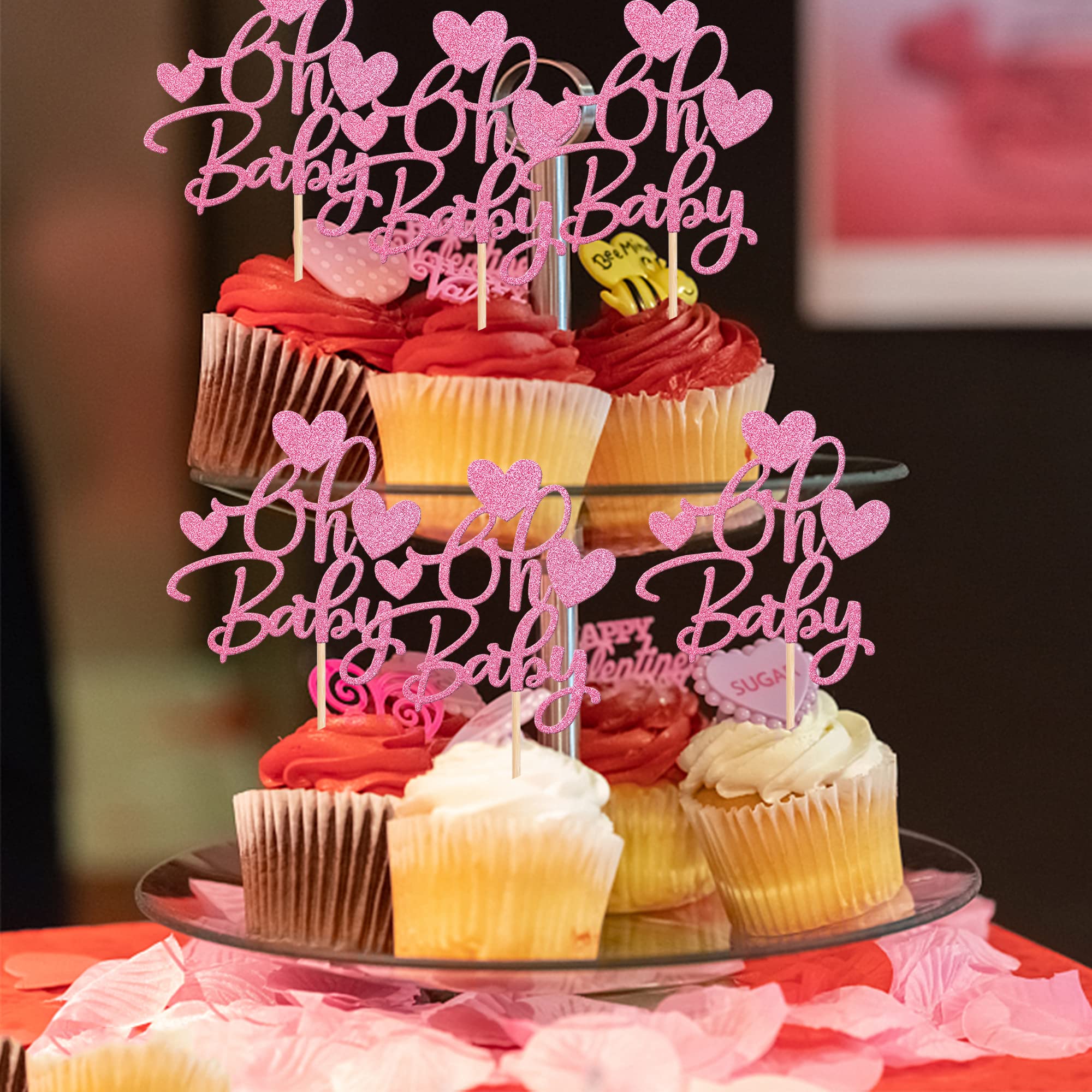 24 Cupcake-Topper „Oh Baby“ Mit Glitzer – Herz-Motive Für Baby Shower, Valentinstag Oder Geburtstag