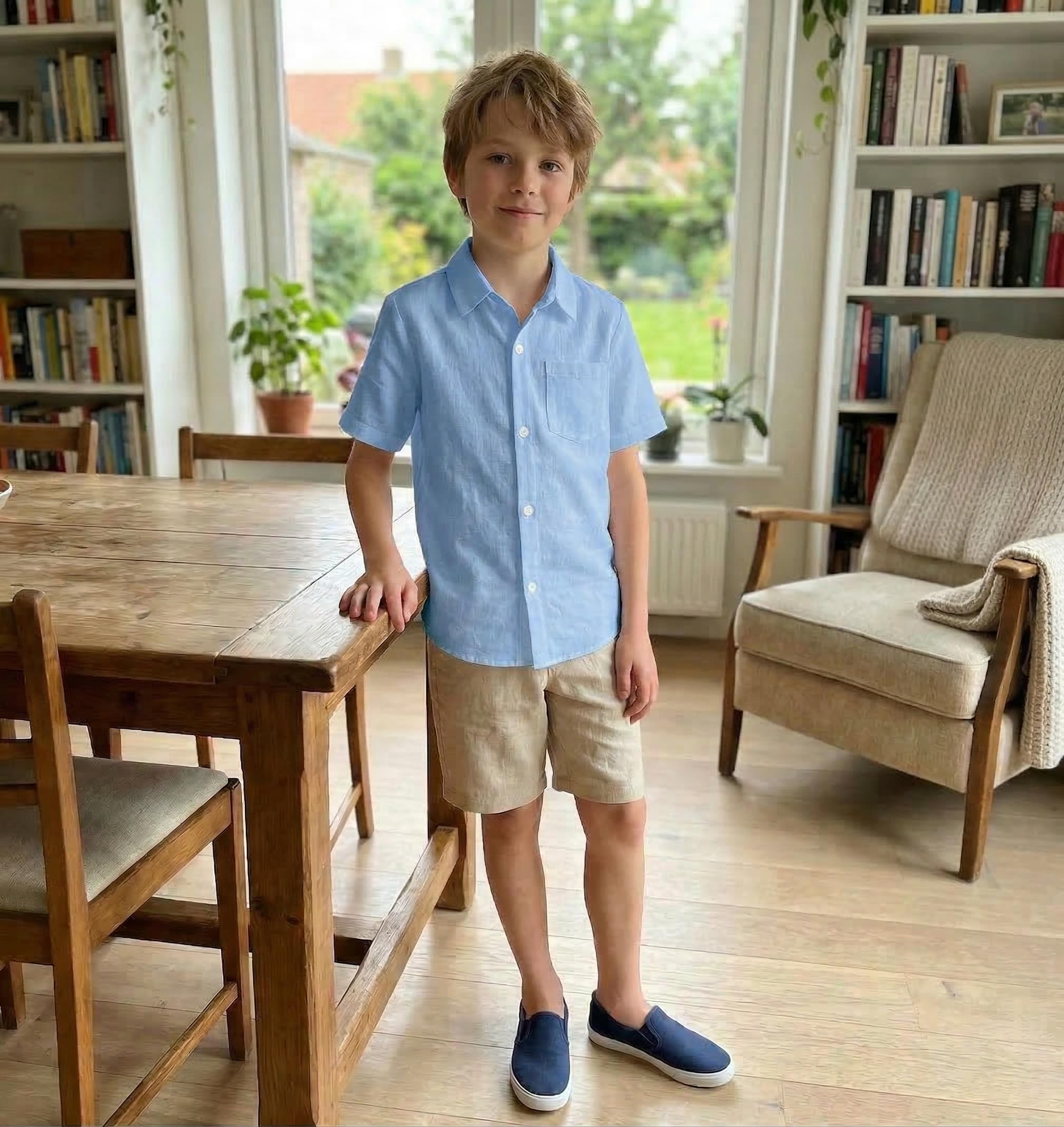 Arshiner Camicia Ragazzi in Lino Estivo Bambini Manica Corta Camicia Tempo Libero Comfort Bottoni Camicia per Ragazzi 5-13 Anni