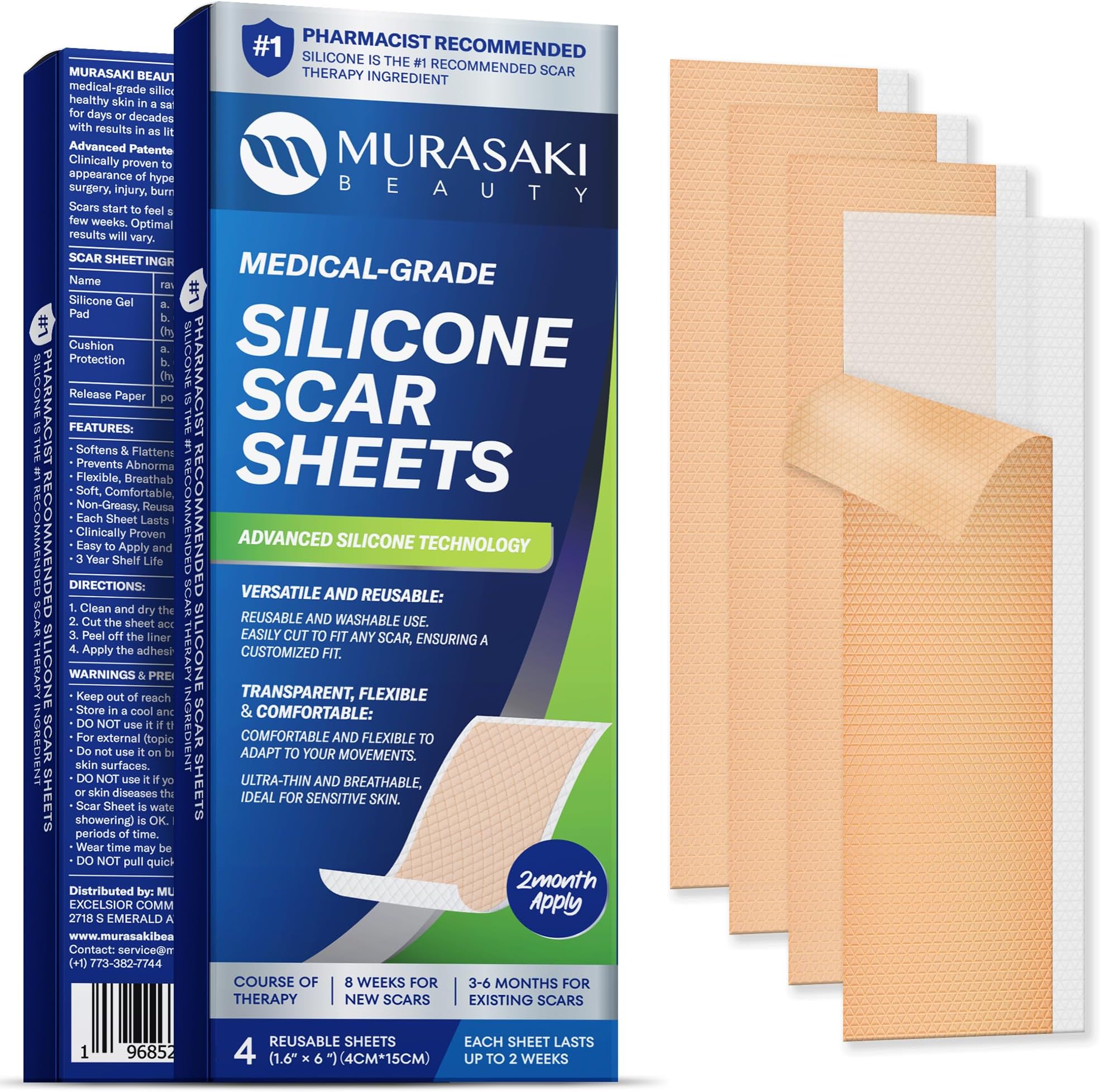 Silicone Scar Sheets for Surgical Scars: Silicone Gel Sheets for Keloids, Burns, Abrasion and C-Section - Safe for Adults and Children - Breathable, Skin-Friendly and Waterproof Silicone Tape 4PCS
