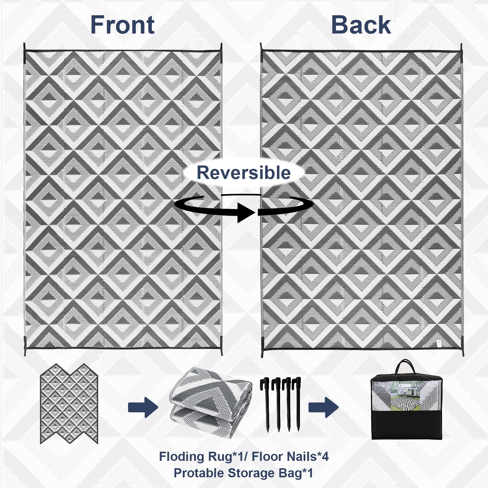 CHOSHOME Alfombra Exterior Impermeable 180x270cm Reversible UV Resistentes para Jardín Patio Camping - Plegable Ligera con Bolsa Transporte, Gris