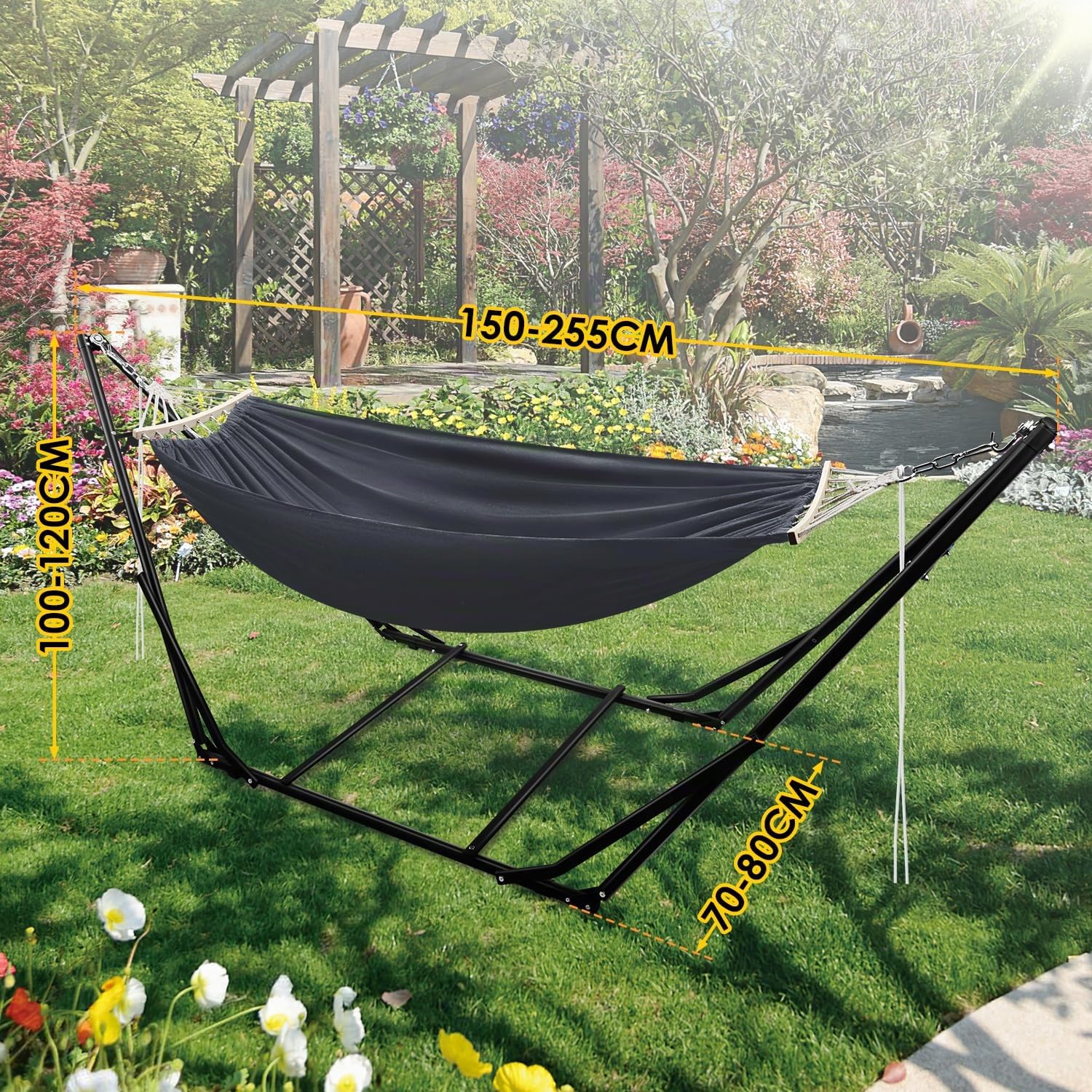 Hängematte mit Gestell Klappbar Garten Hängemattengestell Metall Gestell hängematte Outdoor hängematte Mit Tragetasche Metallgestell bis 150 kg für Camping Garten Pool Balkon