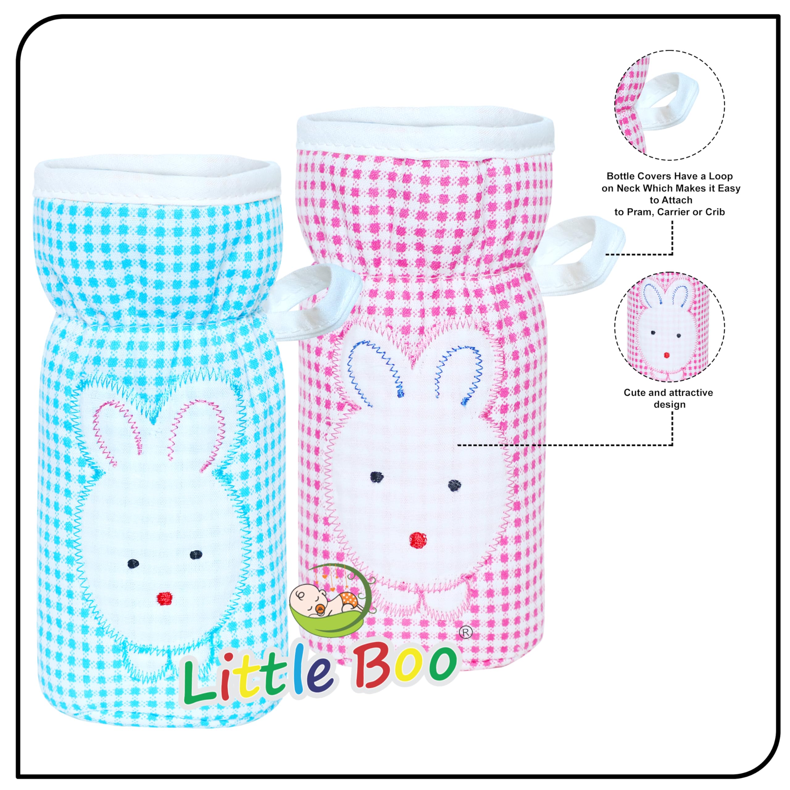 Little Boo Soft Plush Stretchable Baby Feeding Bottle Cover with Easy to Hold Strap | Check Design Cotton Pack of 2 (Blue and Pink,Narrow Neck Fits Upto 150ml) - Image 5 thumbnail