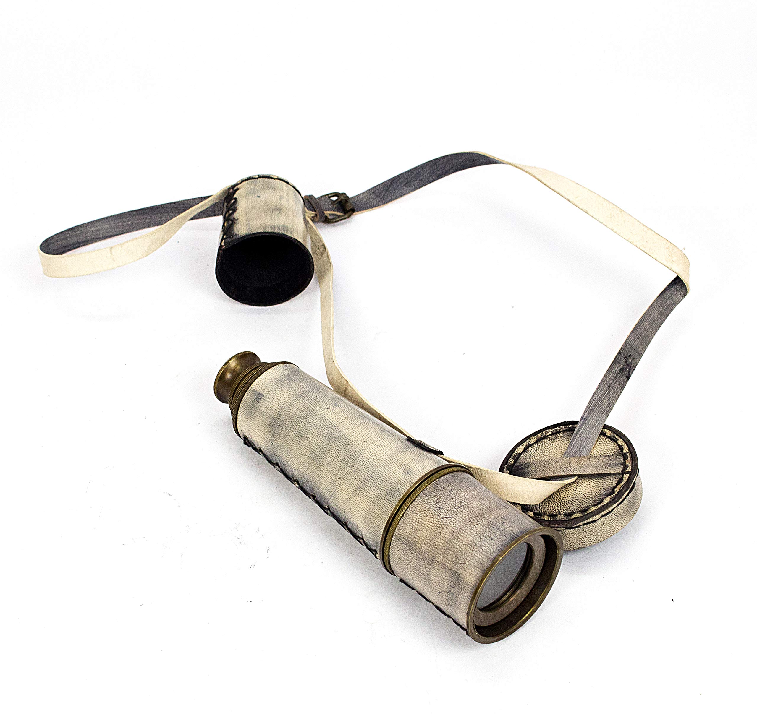 Vintage Brass & Grey Leather Handheld Telescope – Antique Titanic Engraved Spyglass, Compass Direction Finder, Navigational Instrument for Sightseeing