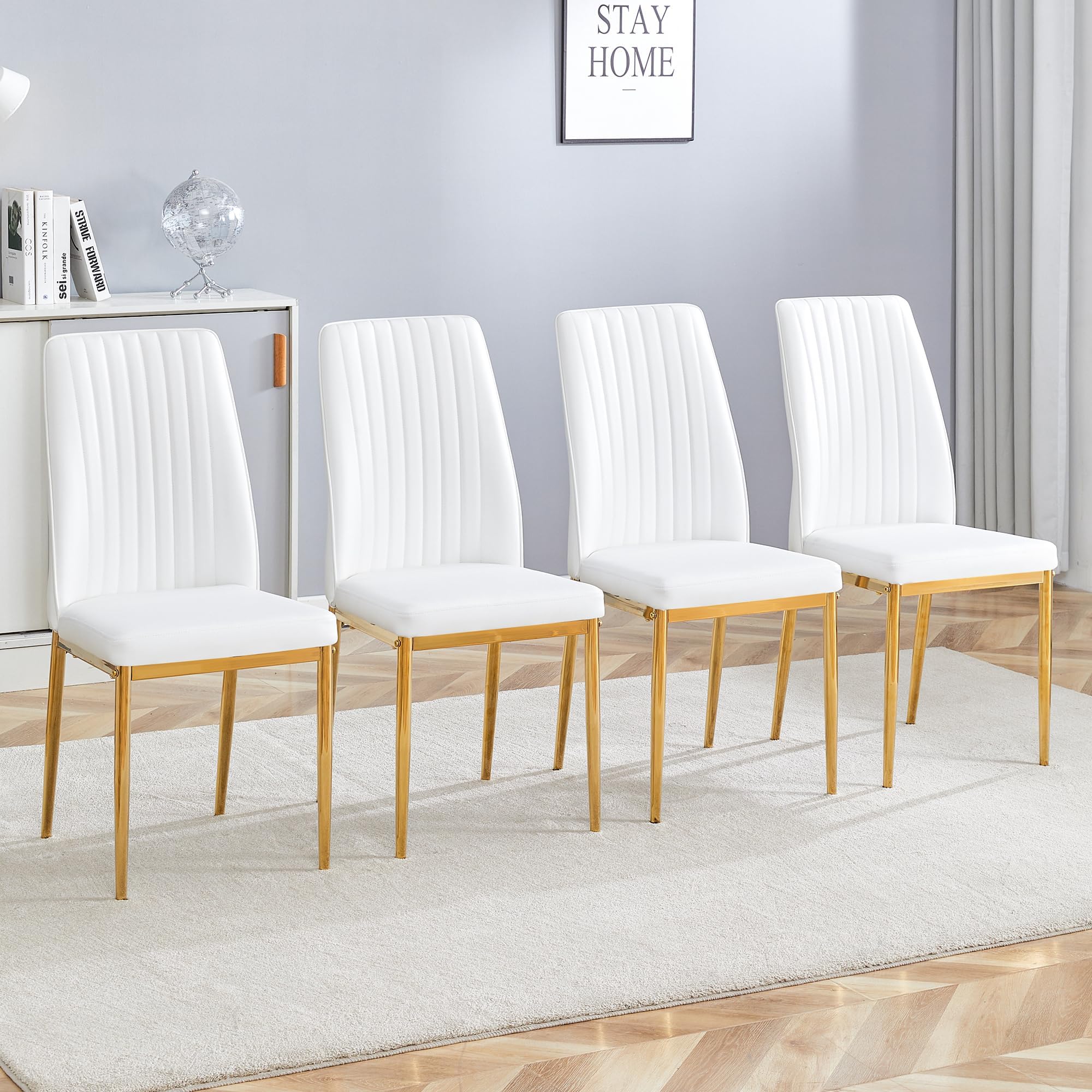 Dining Chair Set ,Modern Dining Room Chairs Set for 4, Kitchen Dining Chairs Set of 4, White Faux Leather Upholstered Dining Chairs Set of 4 with Golden Legs, Sillas De Comedor for Dining, Kitchen