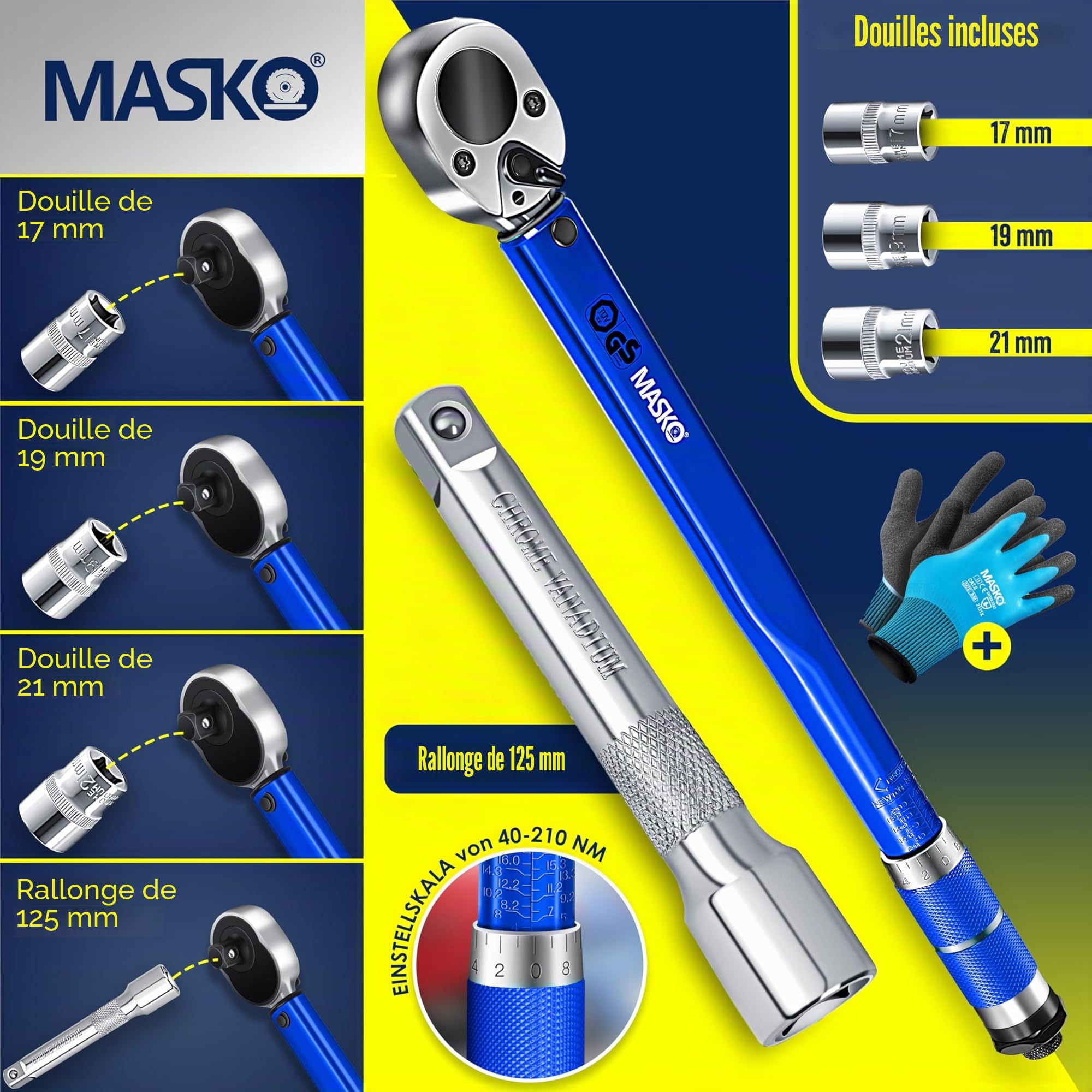 Masko clé dynamométrique 40-210 Nm 1/2" CV avec 3 douilles 17-21 mm et rallonge 125 mm coffret