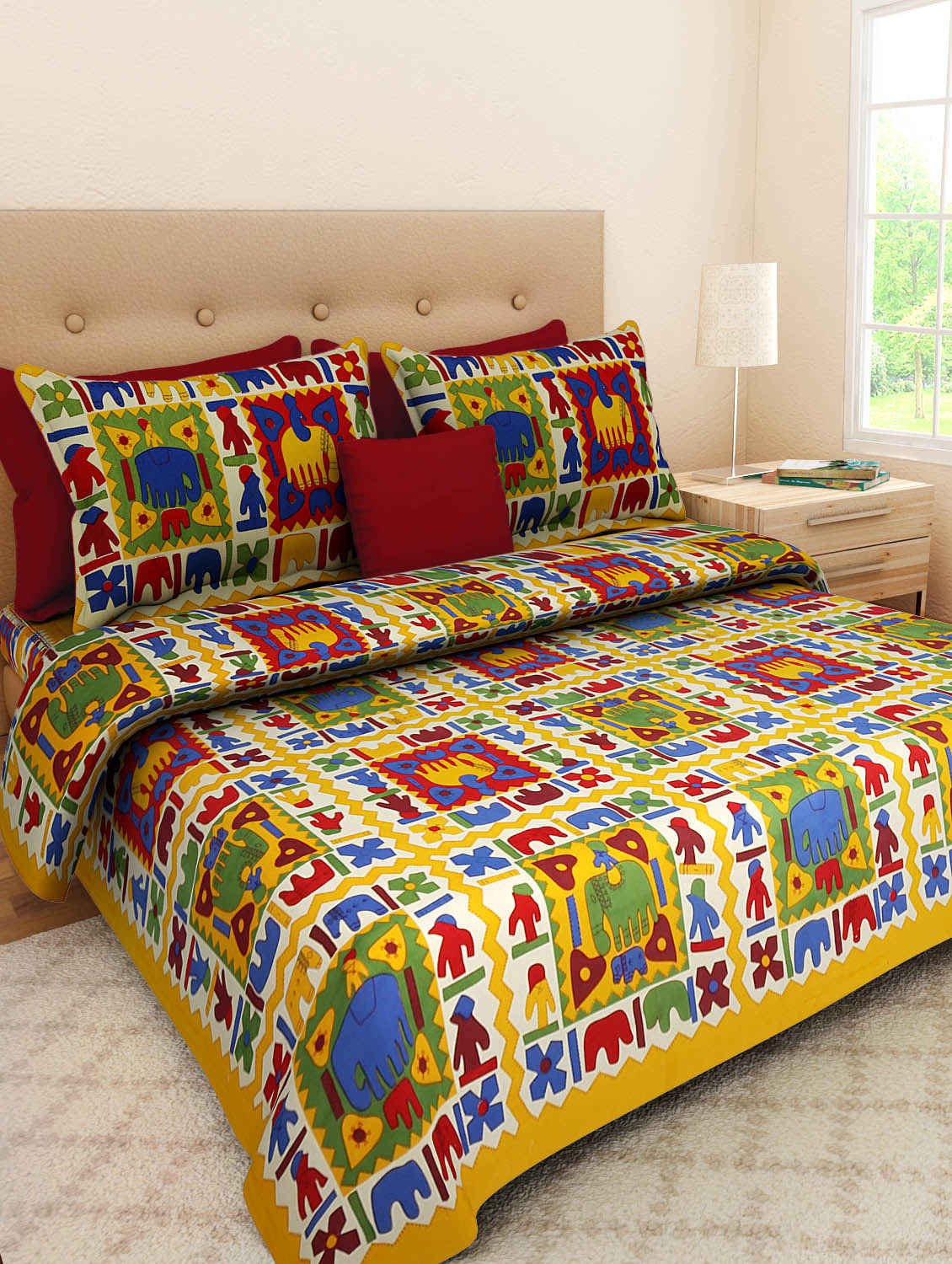 Home@Shop 100% Pure Cotton Rajasthani Tradition Queen Size Double Bedsheets with 2 Pillow Covers (Queen Size Jaipuri Bedspreads)