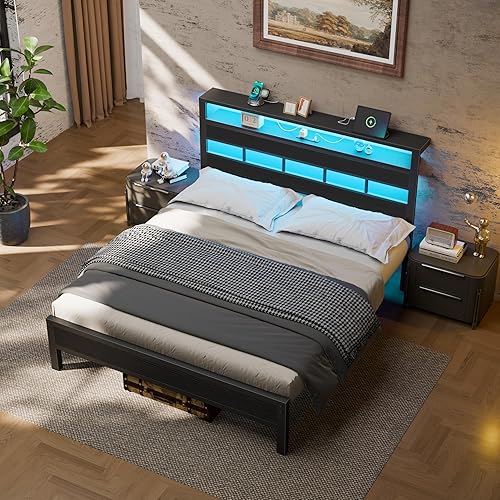 Miniatura 3 de Furnulem Base de cama Queen con cabecera de almacenamiento y luces LED, base de cama de metal con estación de carga y puerto USB, cama de plataforma