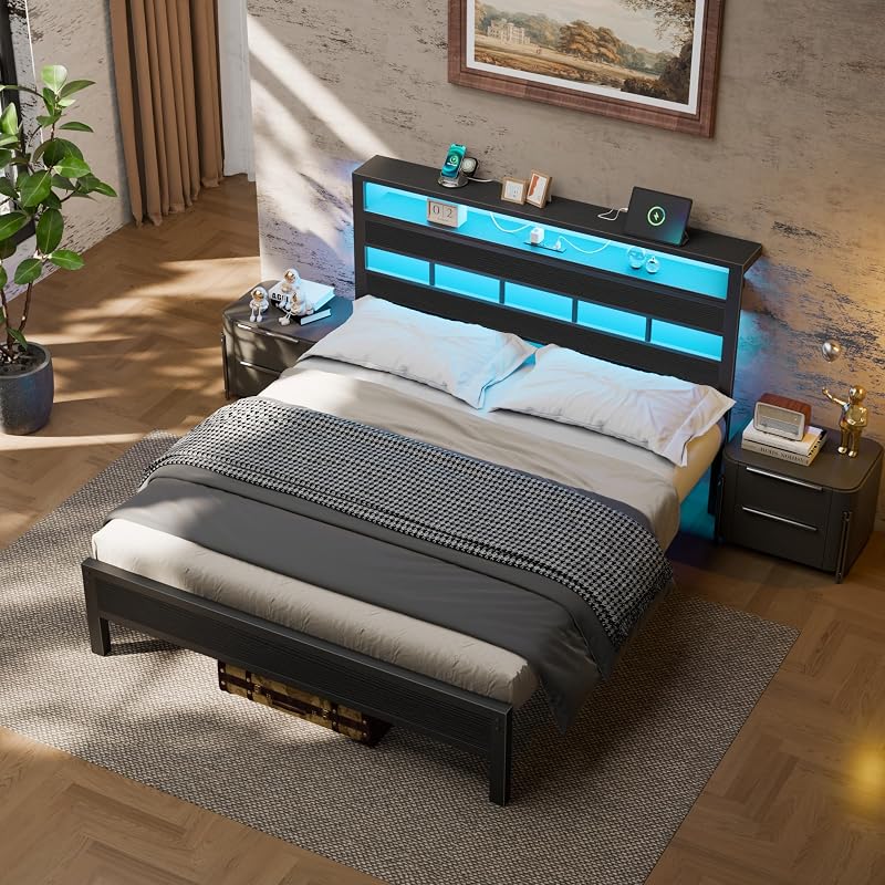 Furnulem Queen Bed Frame with Storage Headboard and LED Lights, Black Oak image 3